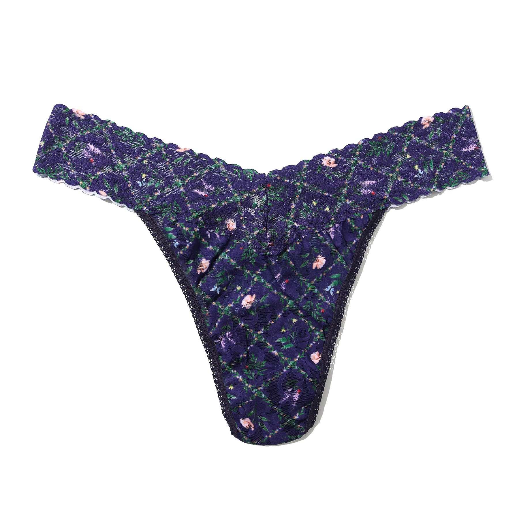 Hanky panky PR4811 printed original rise thong in EVRN everlasting. Navy print with tiny florals. Flat lay without model.