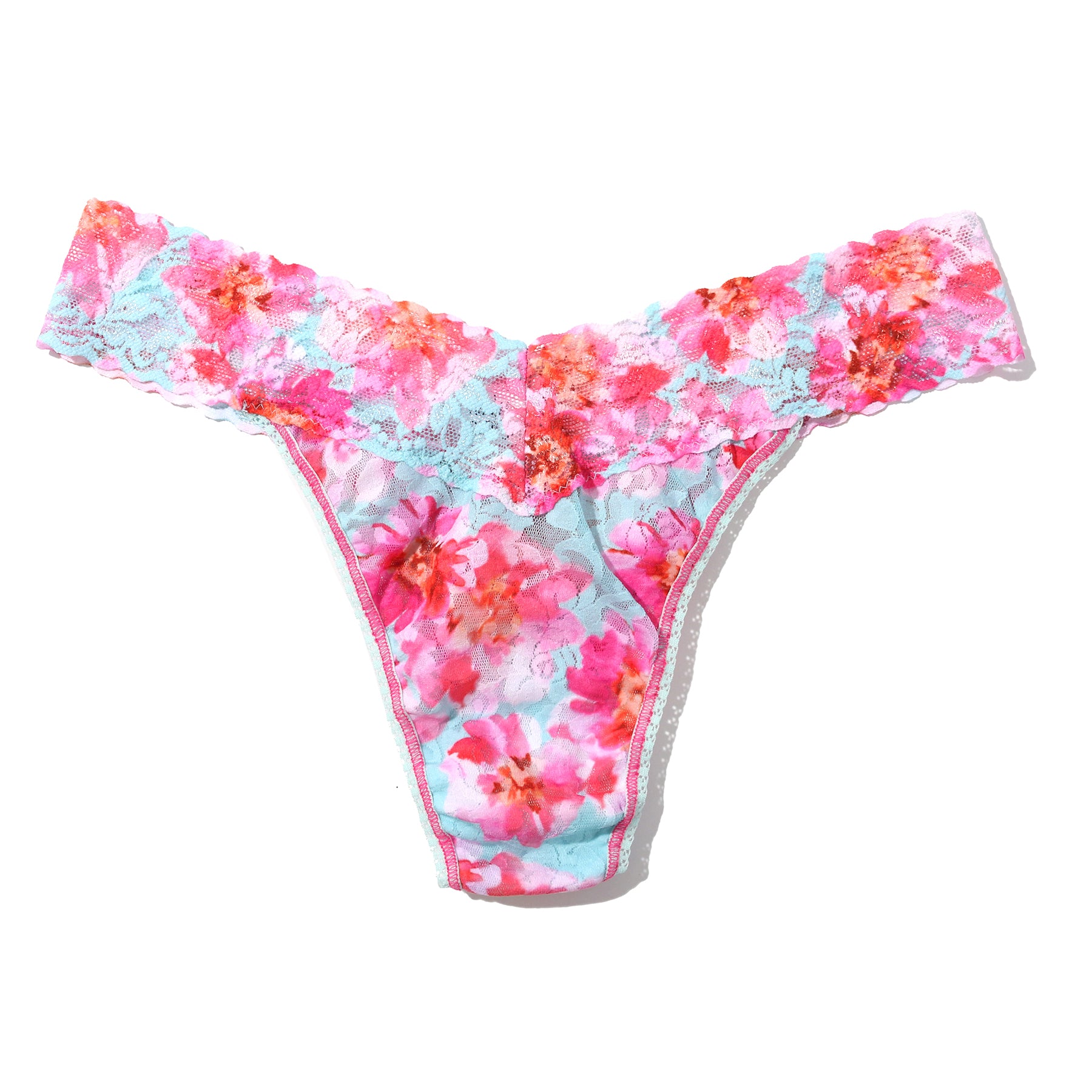 Hanky Panky printed lace original rise thong in first bloom, pink and orange florals on a blue aqua background. Front view without model.