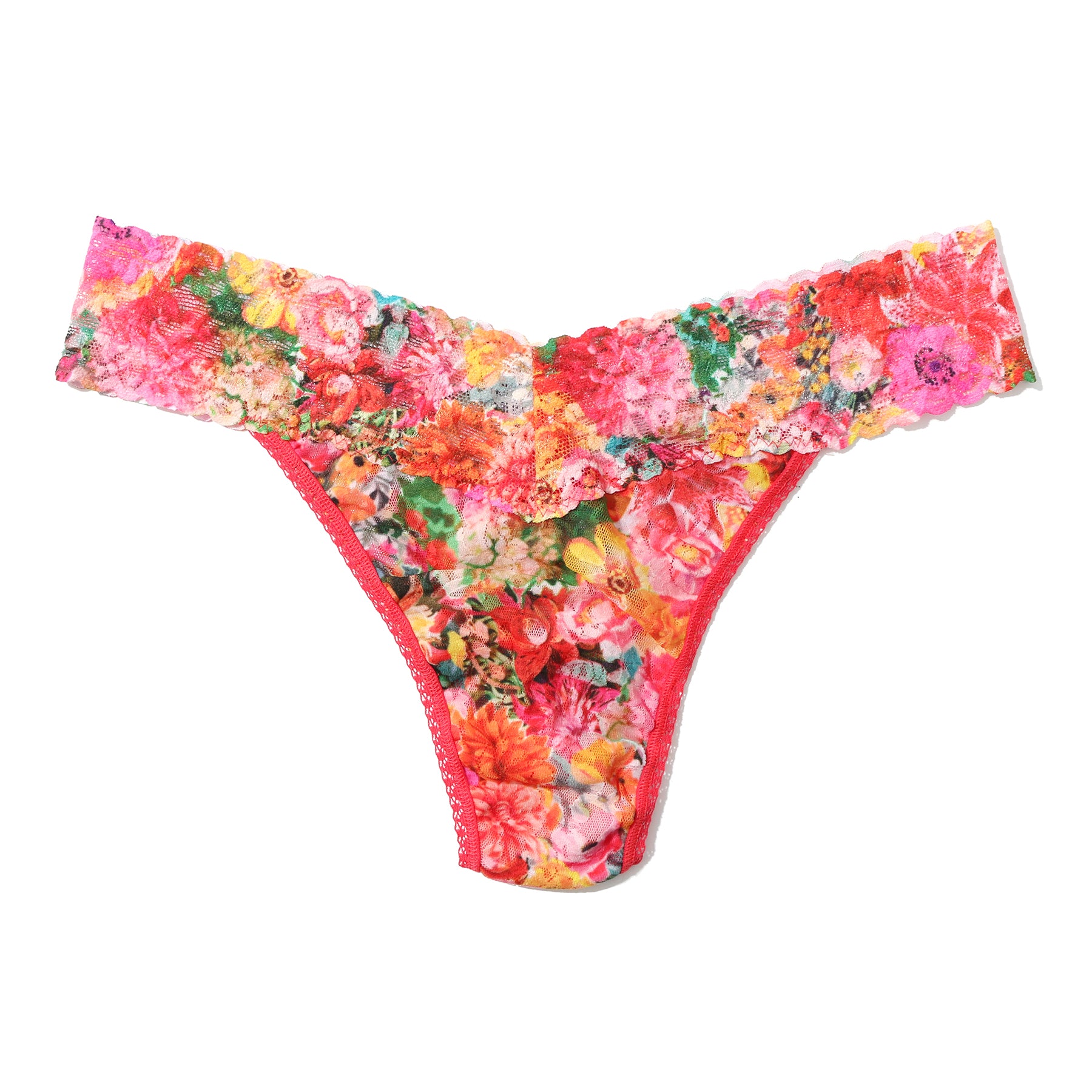 Flat lay of Hanky Panky Original Rise Thong in Floramania print - showcasing the vibrant floral lace pattern in a front-facing view.
