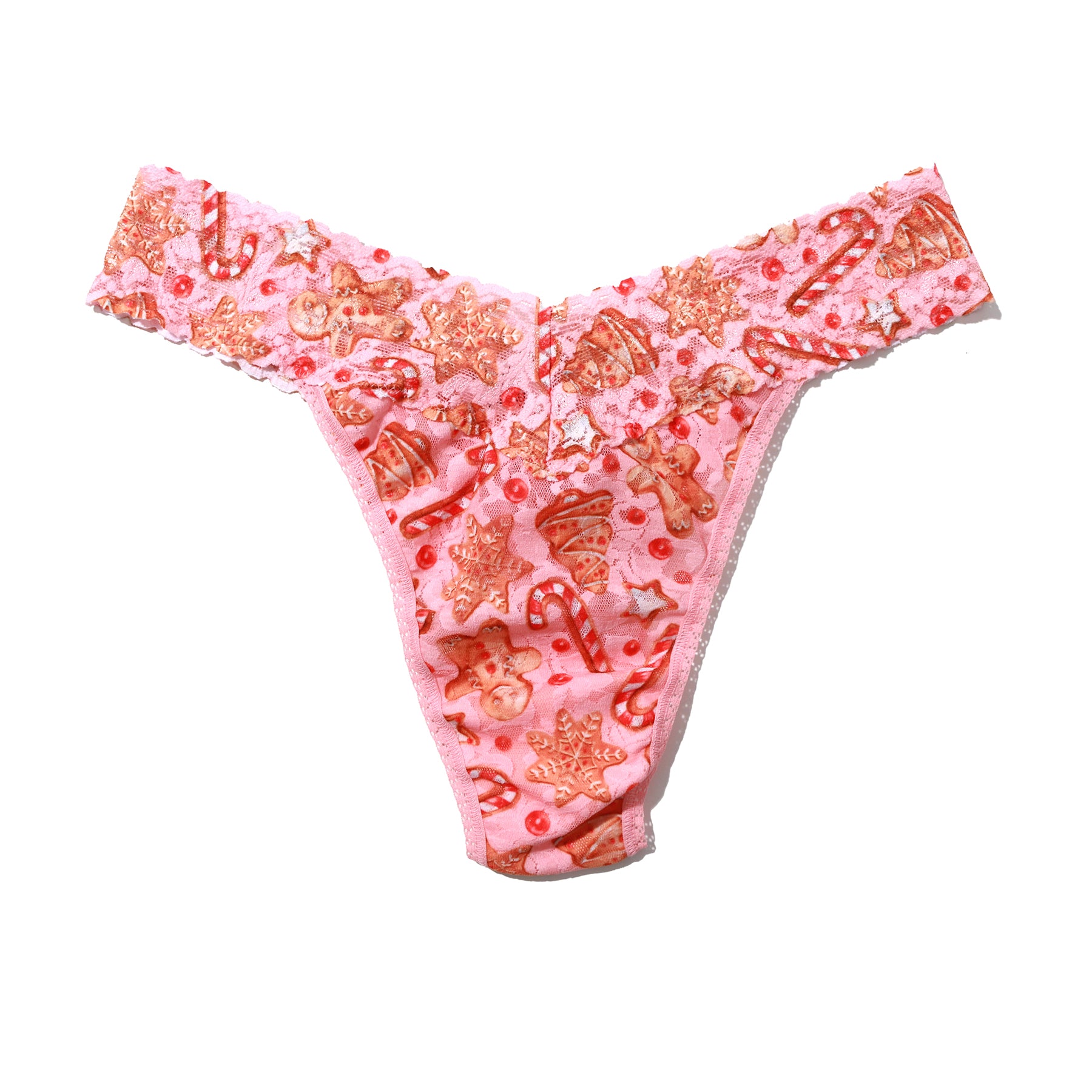 hanky panky printed lace original rise thong in candy cane gingerbread flat lay