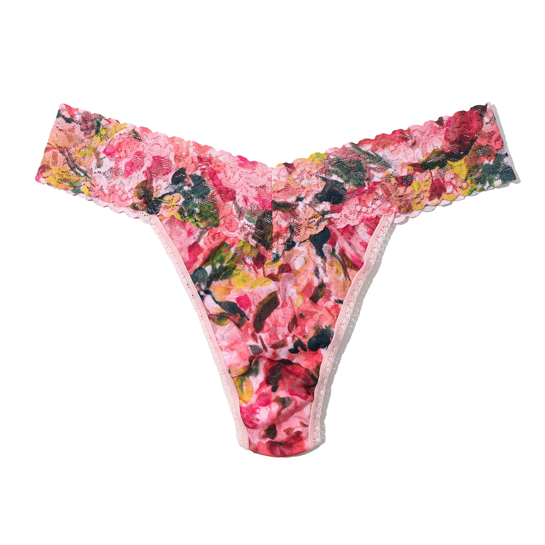 Hanky panky PR4811 original rise printed thong in MASP masterpiece, a multicolour floral in pinks and reds. Flat lay without model.