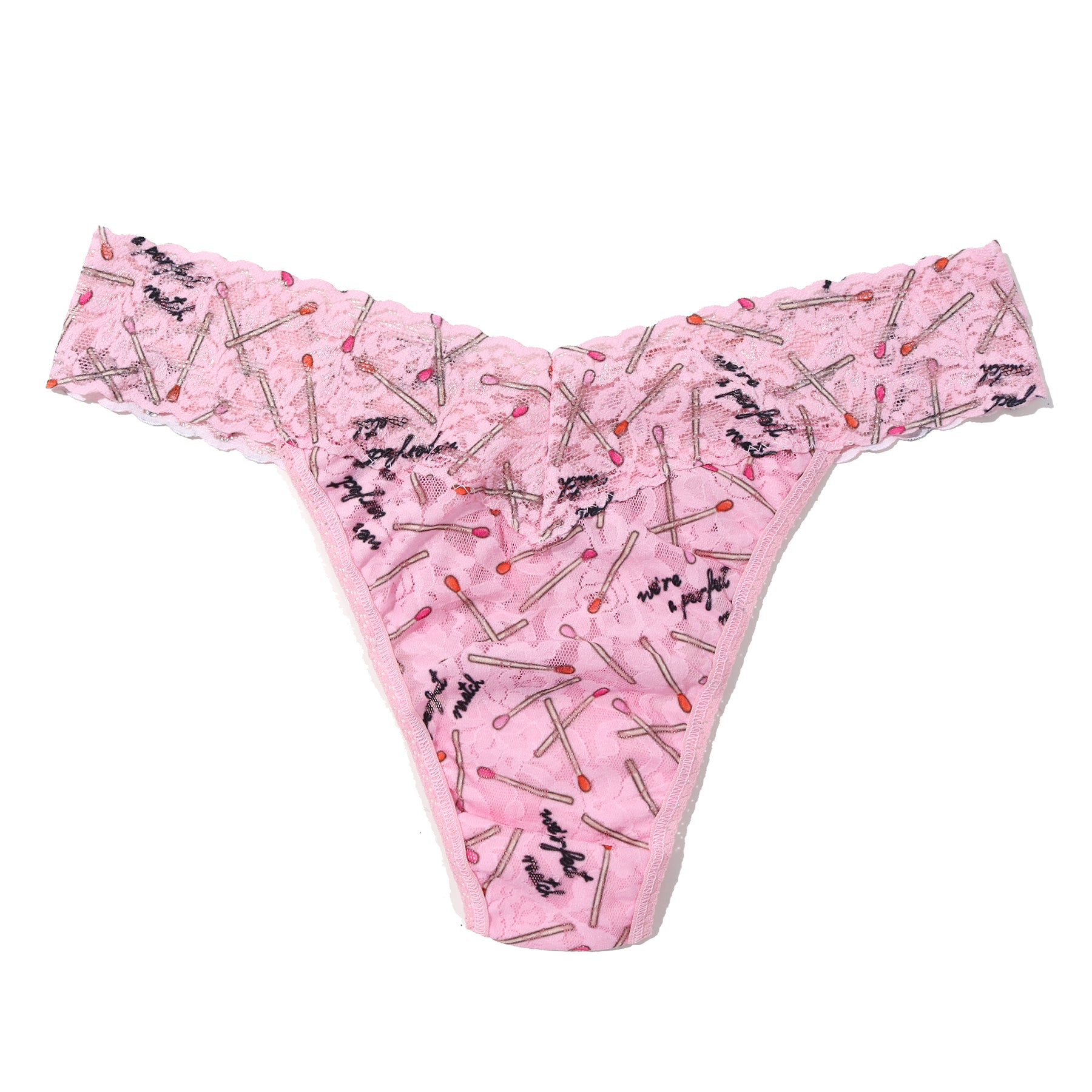 Pink lace original rise thong in the Perfect Match print with matches print  and handwritten script accents on a pink background