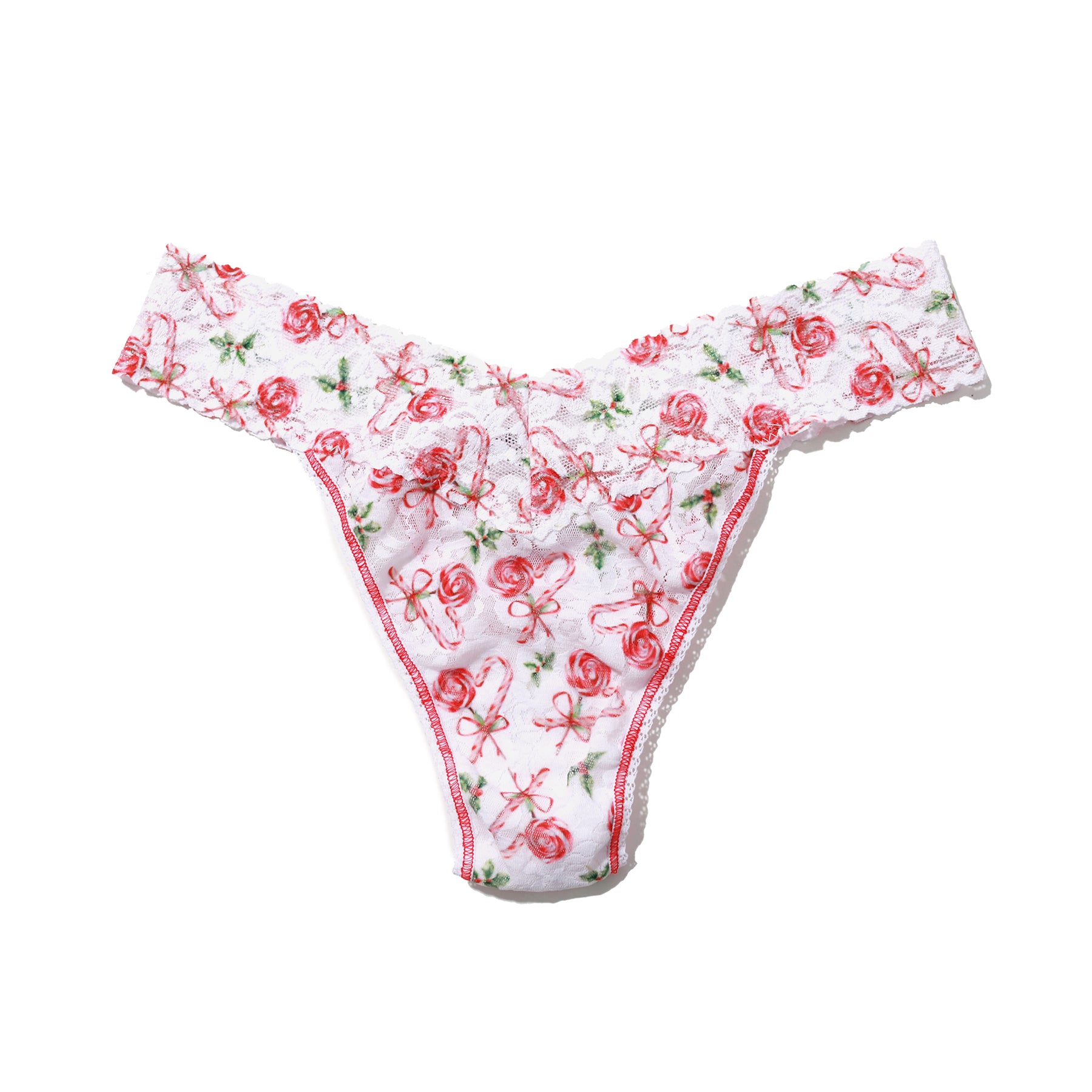 hanky panky printed lace original rise thong in white candy cane something sweet flat lay