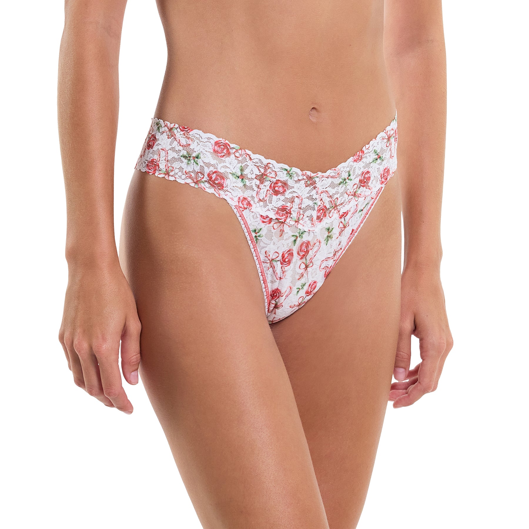 hanky panky printed lace original rise thong in white candy cane something sweet on model side profile