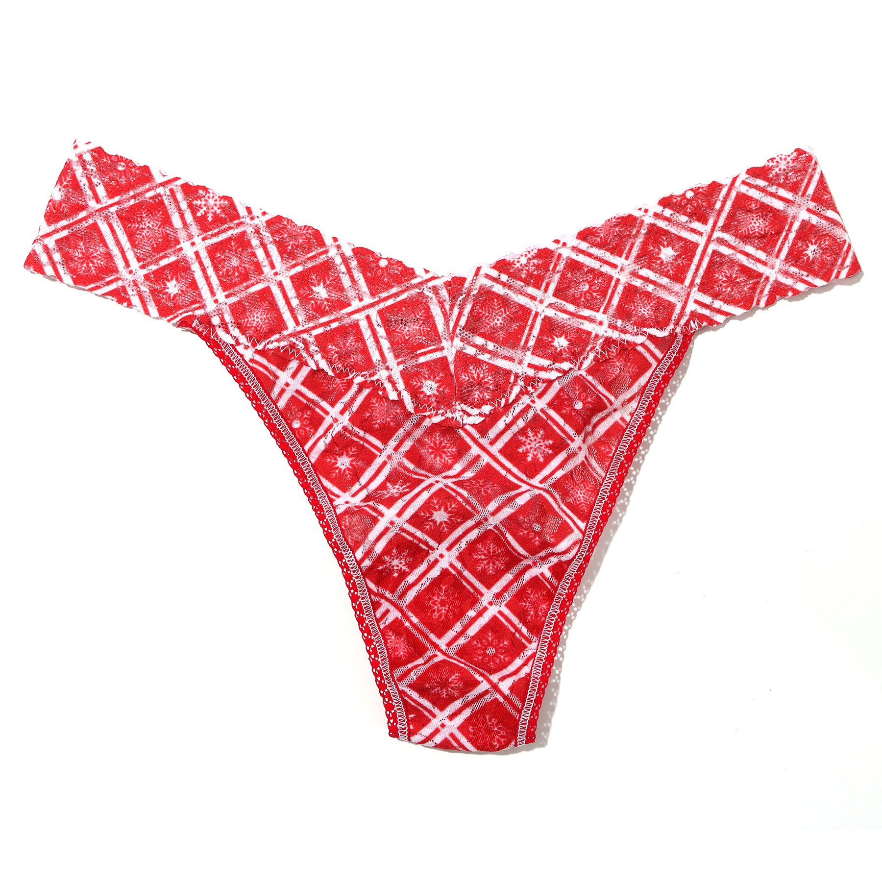 Flat lay of Hanky Panky PR4811 winter wonderland printed thong – red and white snowflake design