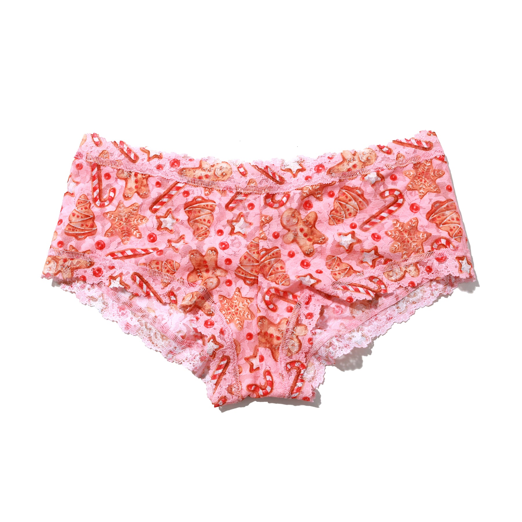 hanky panky printed lace boyshort in holiday gingerbread candy cane flat lay