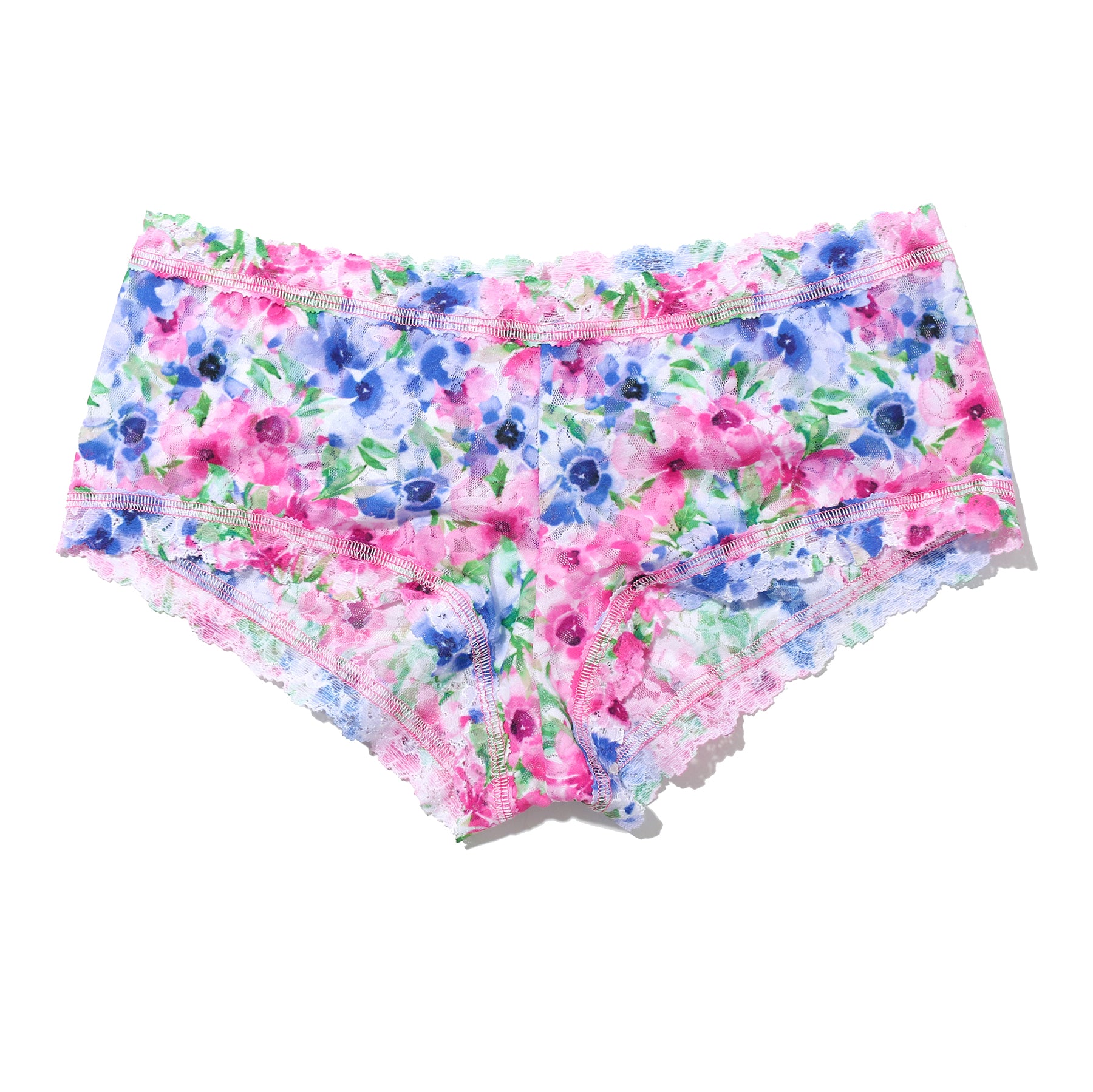 Hanky Panky printed mid-rise boyshort in paint and pour: pink, green and blue florals on a white background, flat lay without model.