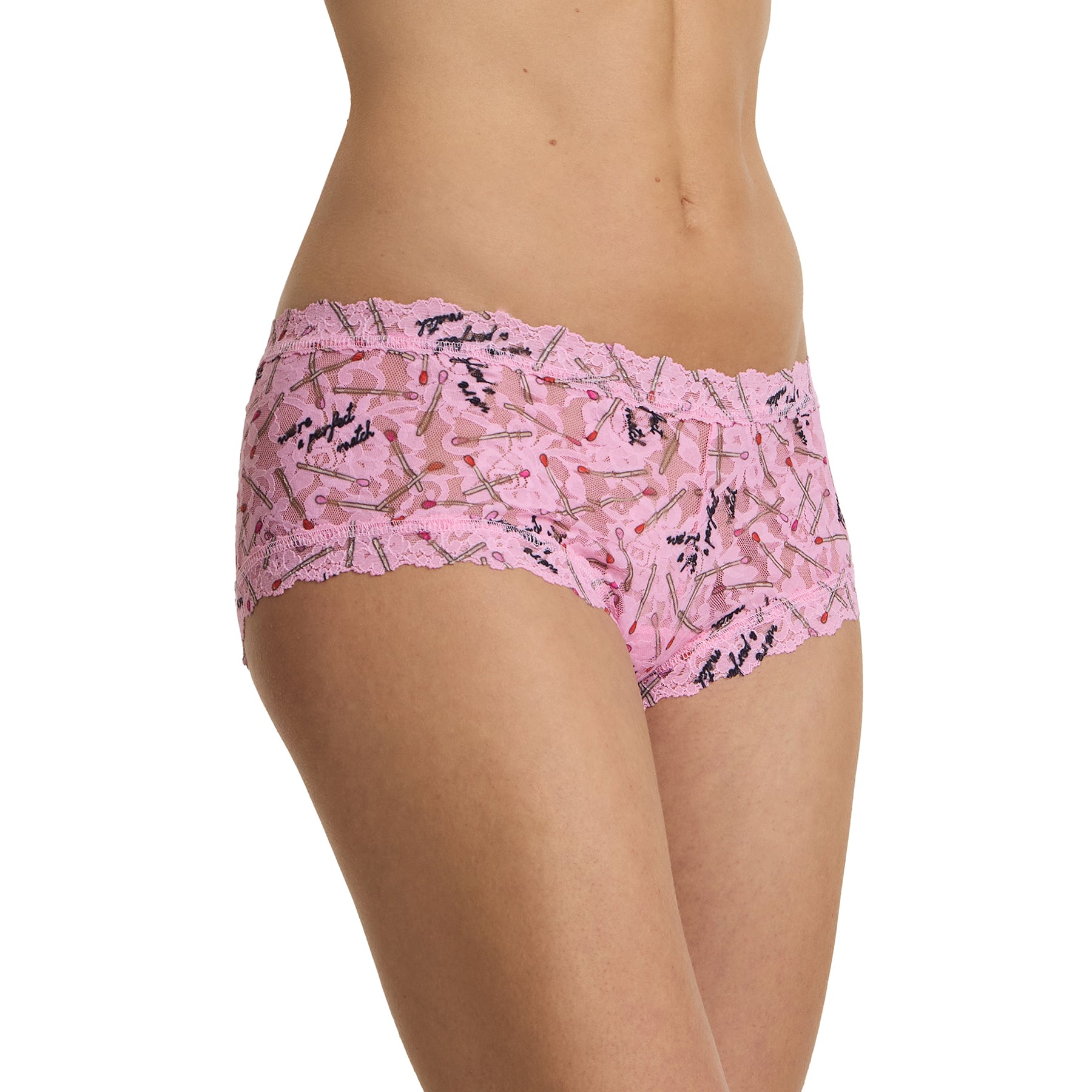 Side view of model wearing pink printed lace boyshort in the Perfect Match pattern with soft stretch lace and scalloped trim