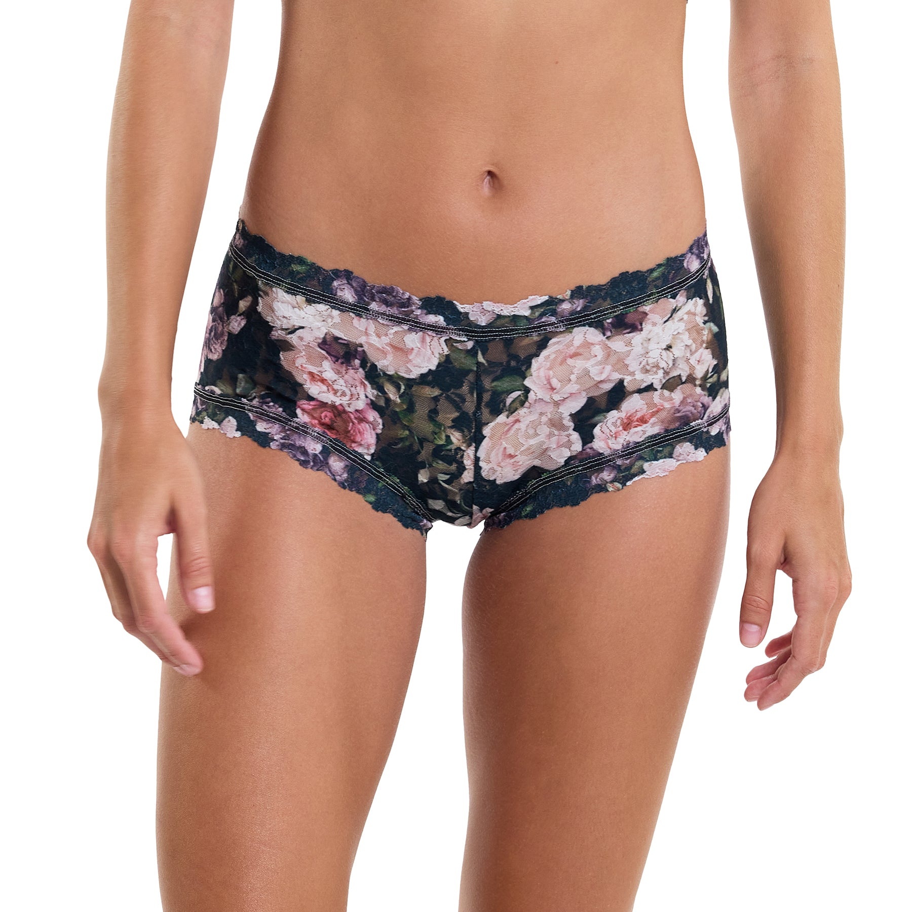 hanky panky printed lace boyshort in black floral romantique on model front view