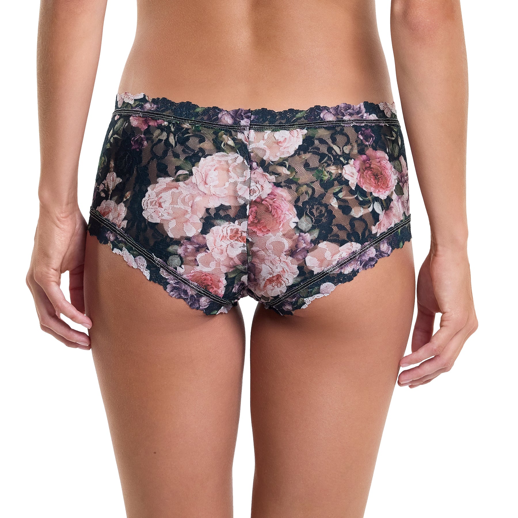 hanky panky printed lace boyshort in black floral romantique on model rear view