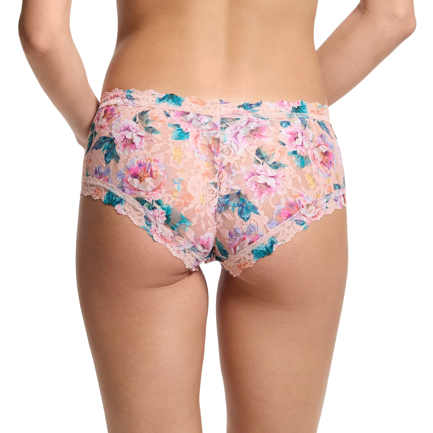 Back view of woman wearing Hanky Panky Printed Lace Boyshort – mid-rise lace panty with full coverage and vibrant floral pattern