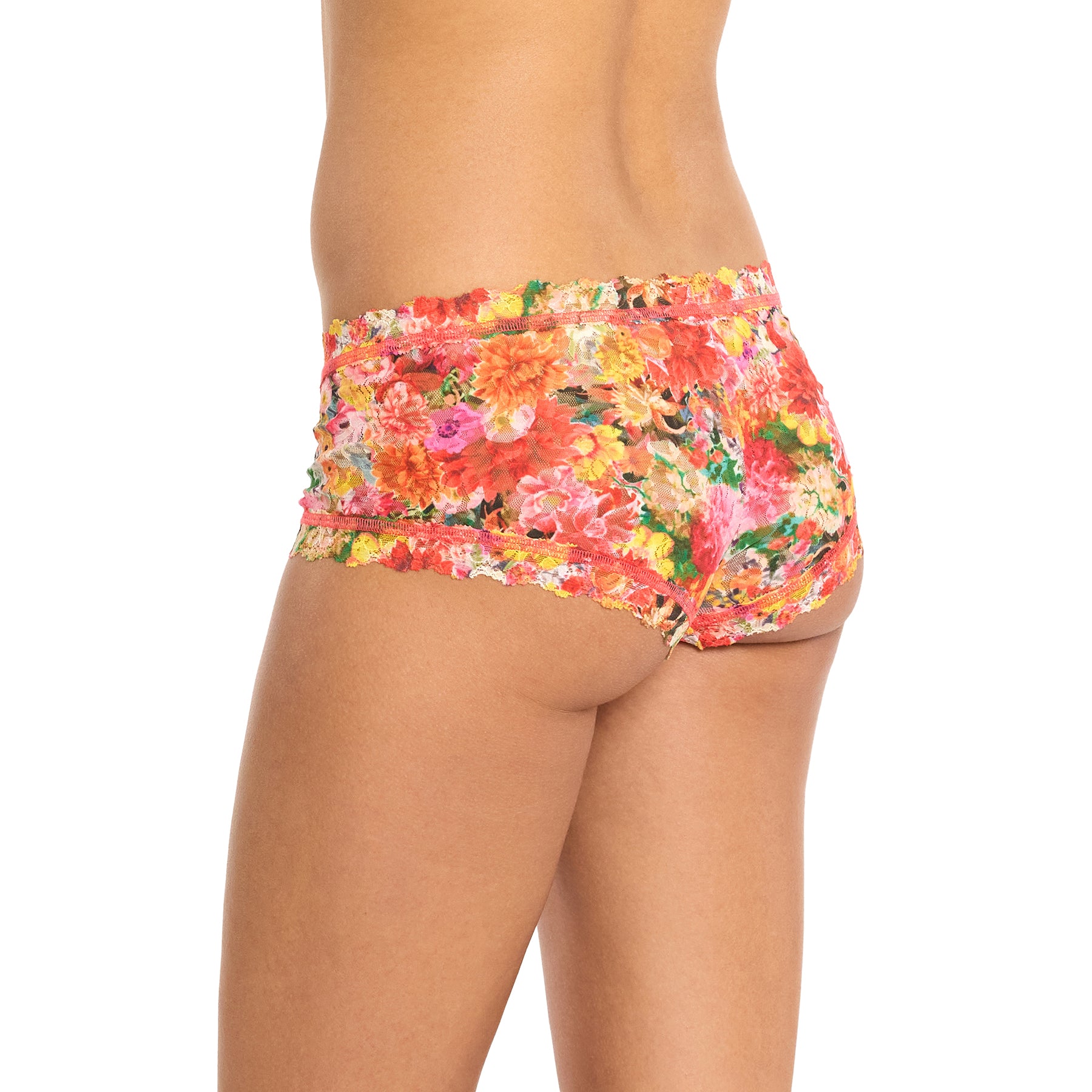 Side angle of Floramania lace boyshort - colourful floral lace with scalloped trim