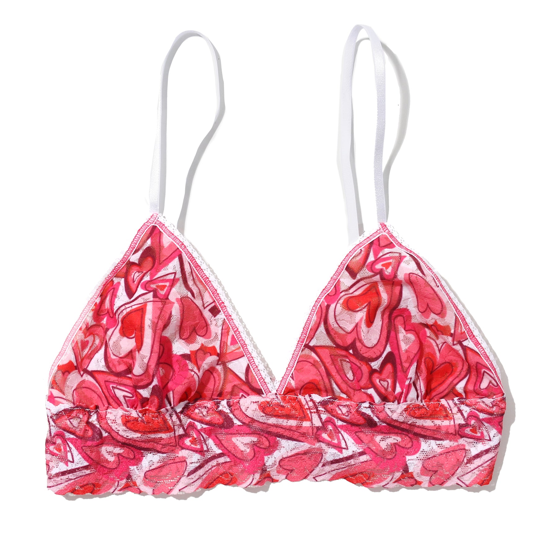 Lace triangle bralette in lots of love multi heart print lace in pinks and reds. Front view without model.