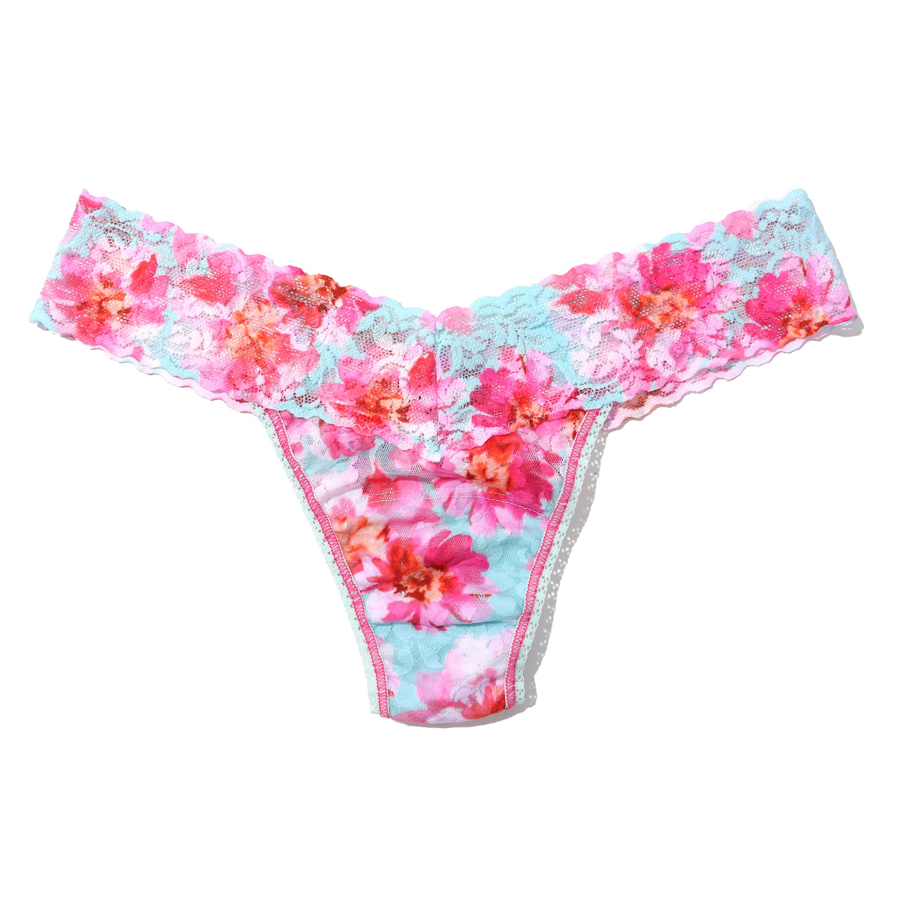 Hanky Panky printed lace low rise thong in first bloom, pink and orange florals on a blue aqua background. Front view without model.