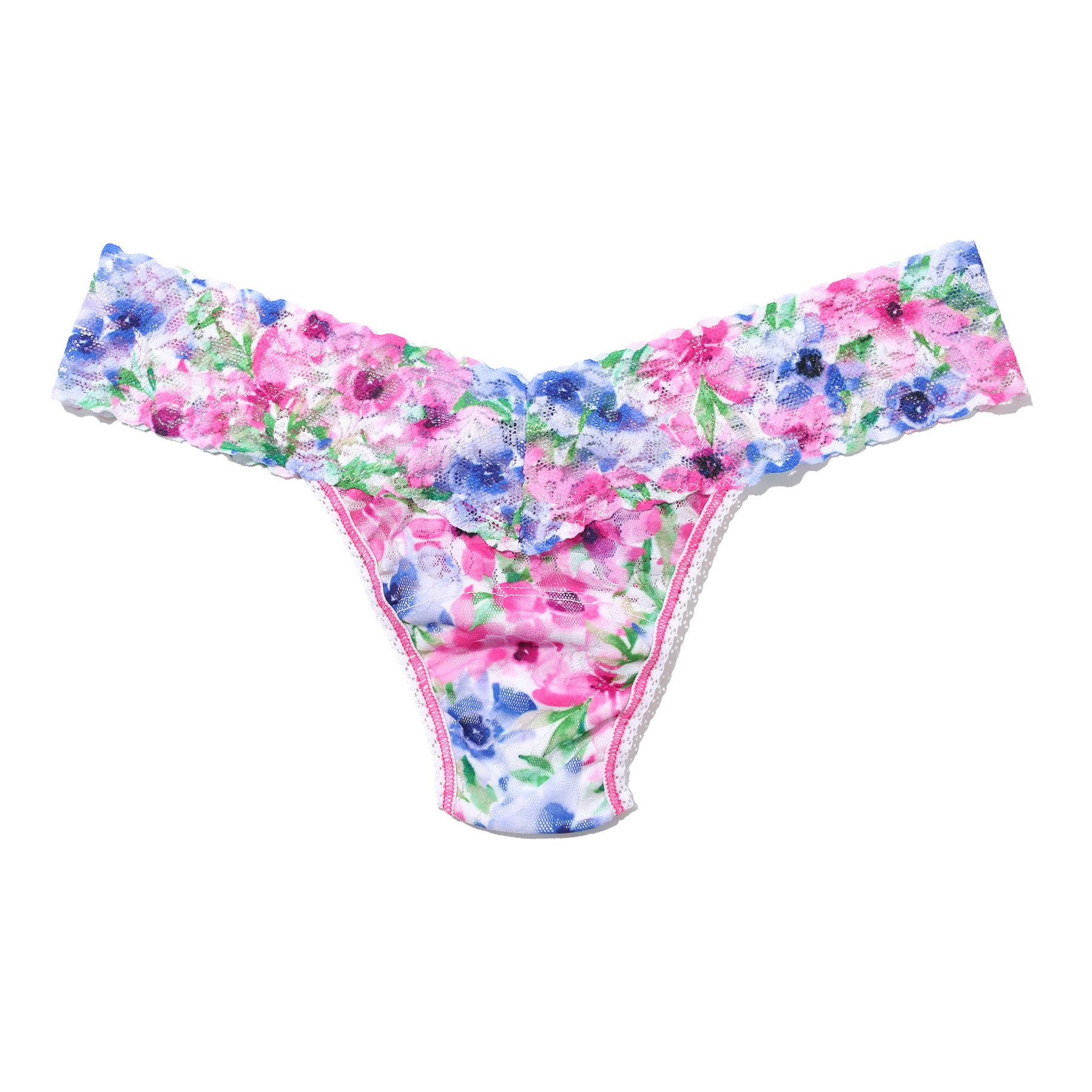 Hanky Panky printed lace low rise thong in paint and pour: pink, green and blue florals on a white background, flat lay without model.