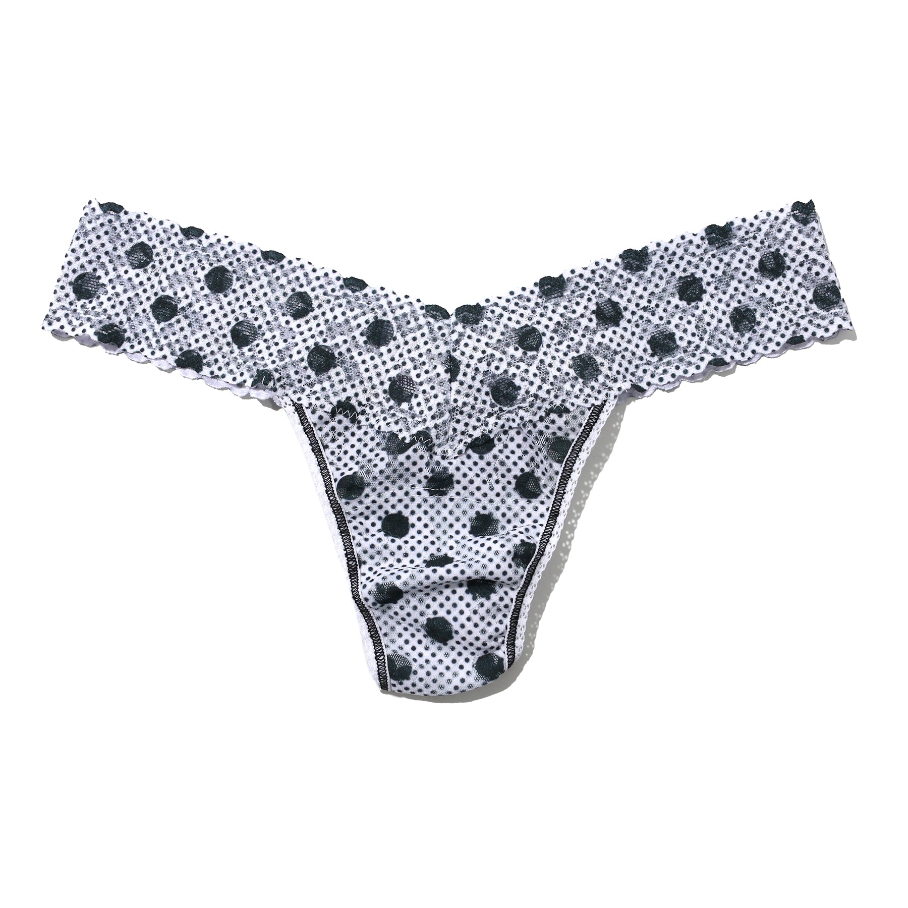 Low rise thong in Pinpoint black polka dot printed lace on white background. Front view without model.