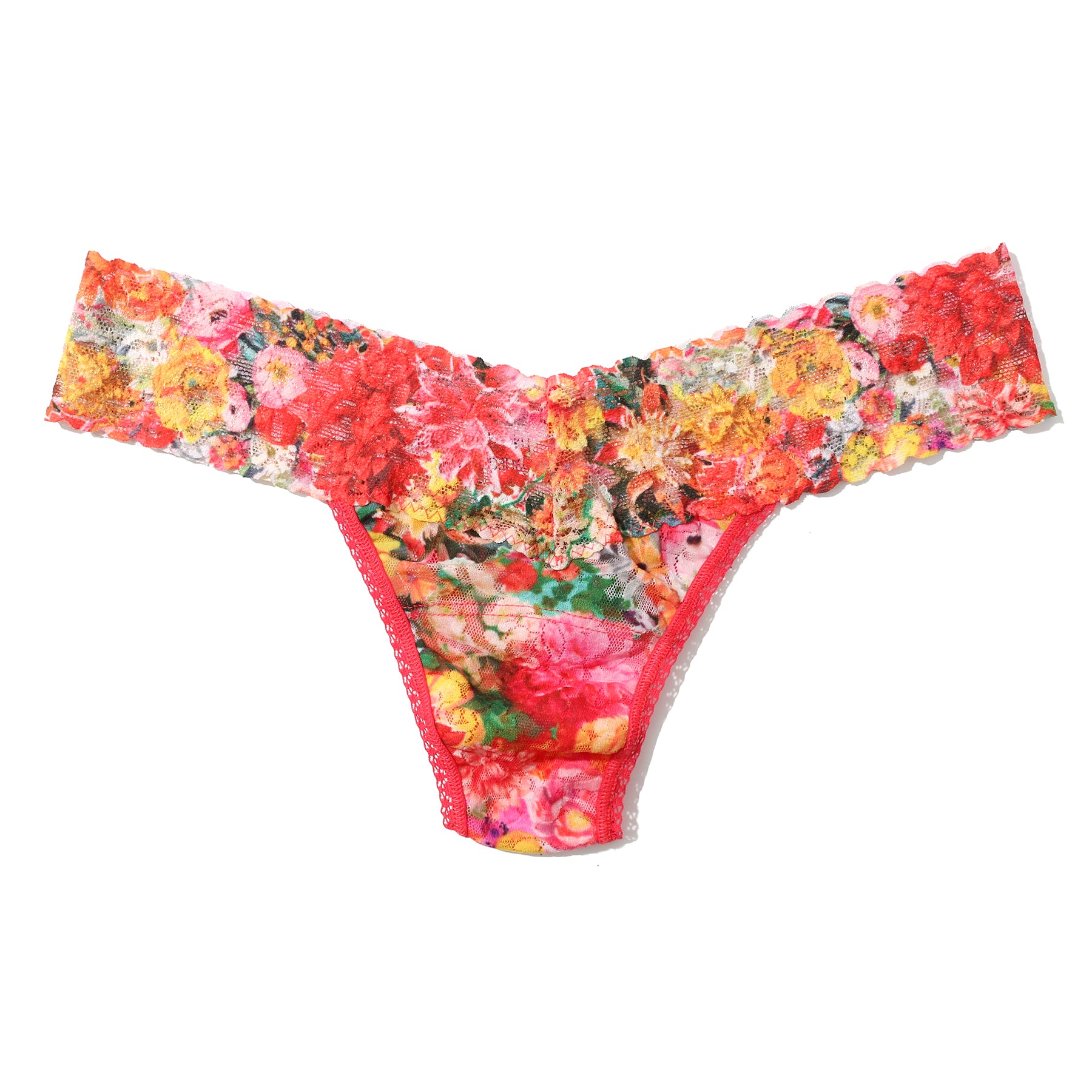 Flat lay of Hanky Panky Printed Lace Low Rise Thong in Floramania floral print with red-pink lace trim