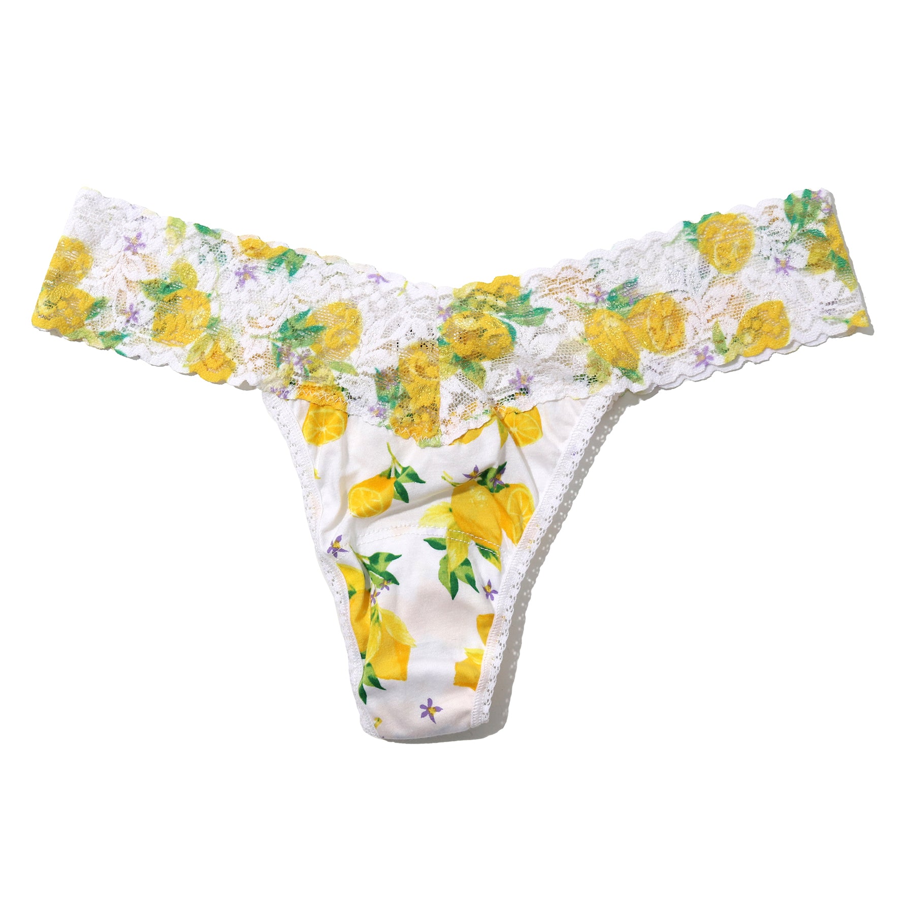 Hanky Panky Supima® Cotton low rise thong in make lemonade, yellow lemon print on a white background, flat lay without model.