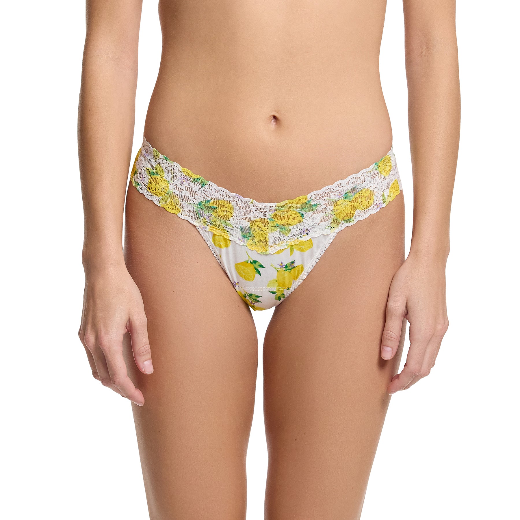 Hanky Panky Supima® Cotton low rise thong in make lemonade, yellow lemon print on a white background, front view on model.