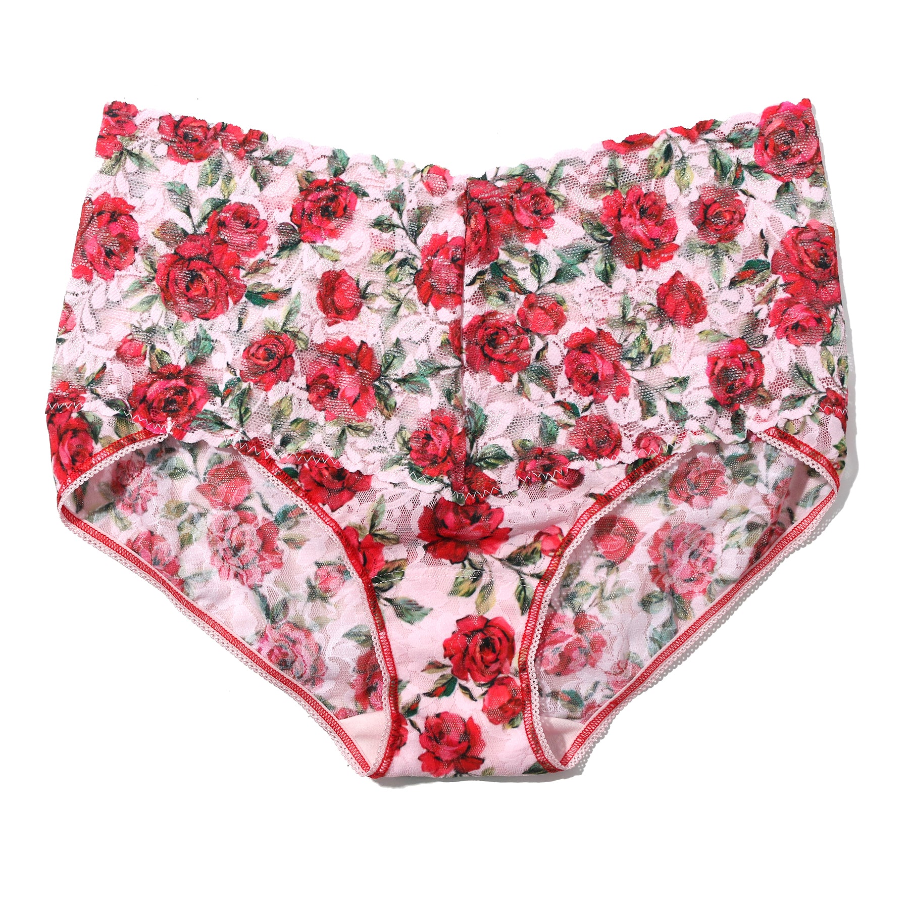 e t'aime floral red/green rose printed lace high waist v-kini brief. Front view without model.