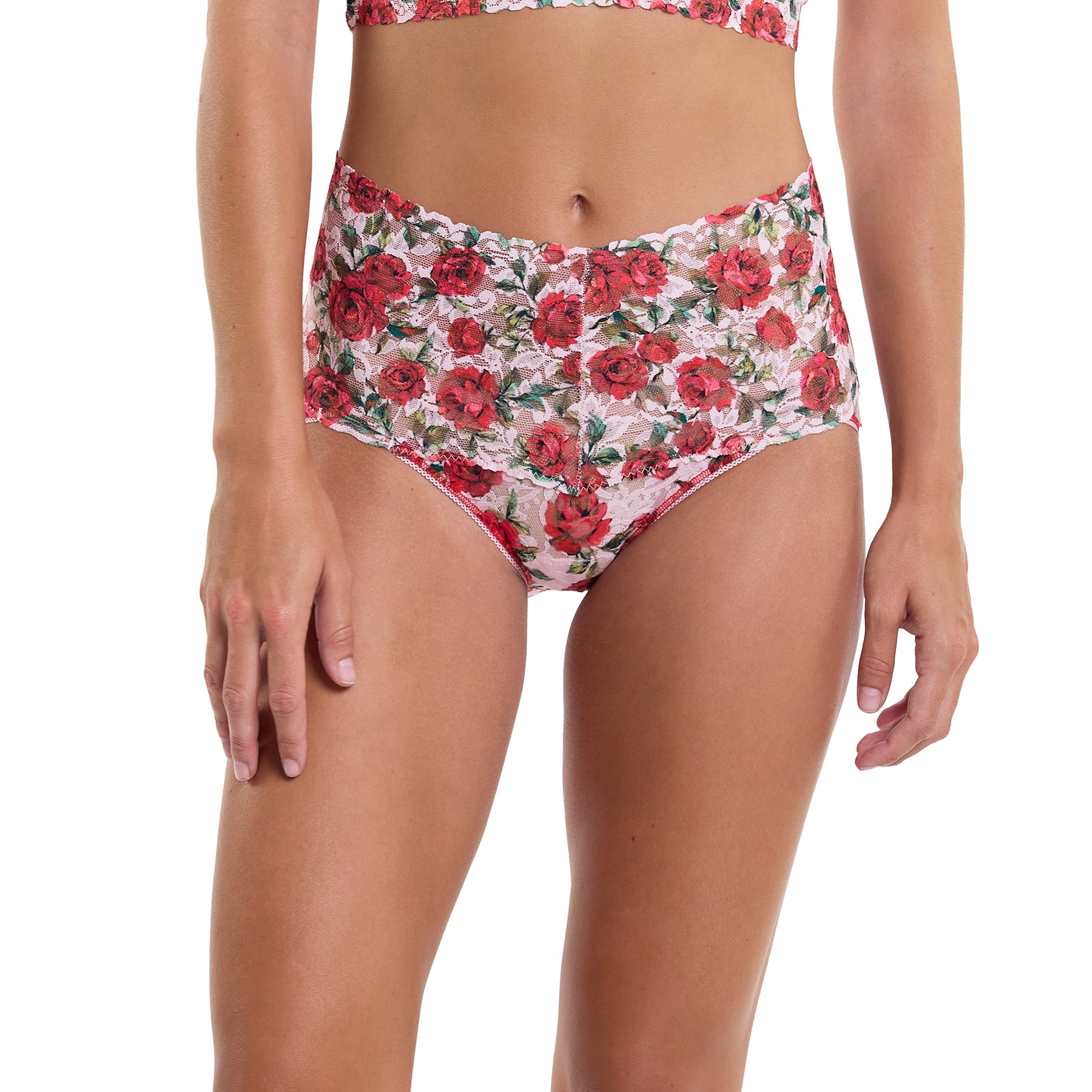 e t'aime floral red/green rose printed lace high waist v-kini brief. Front view on model.