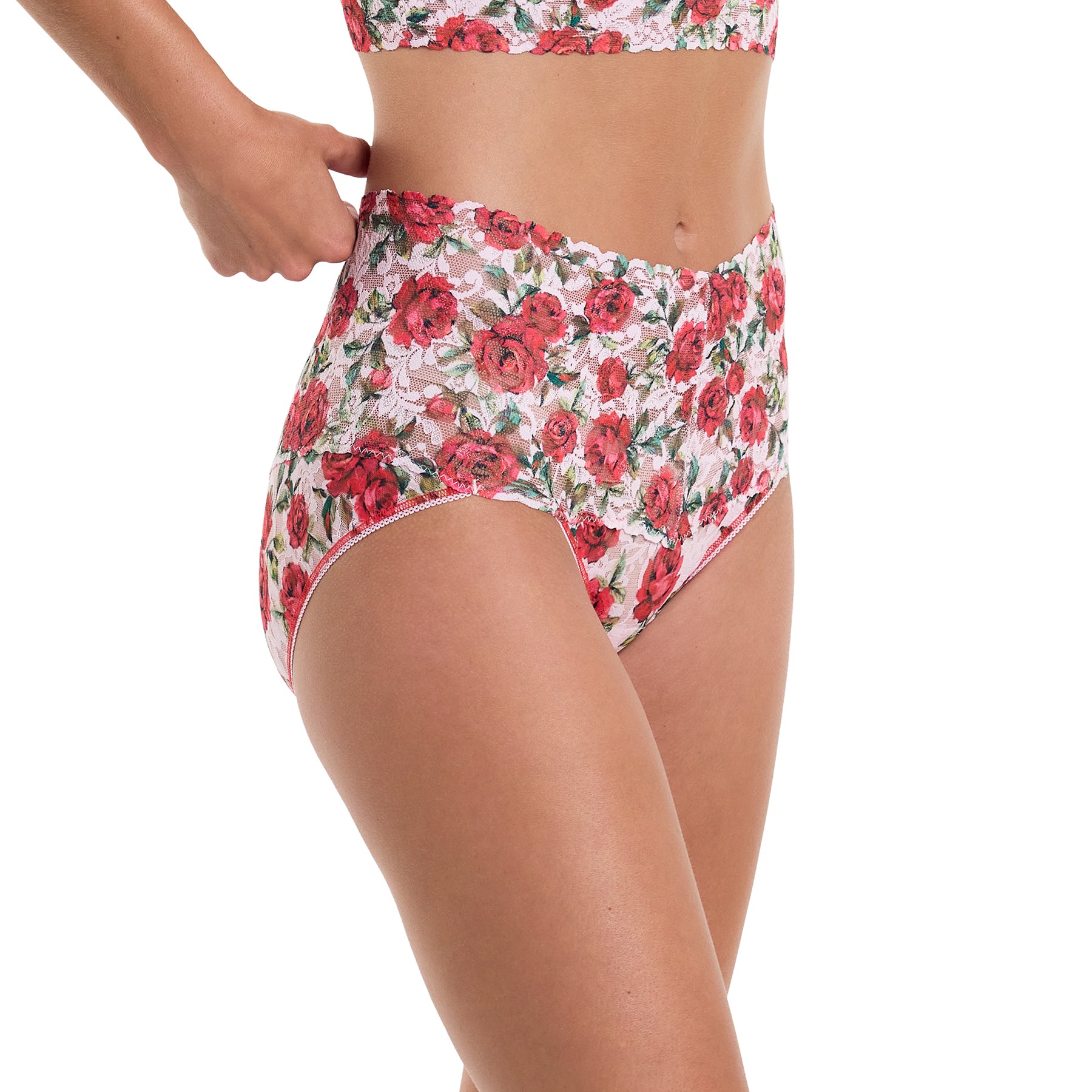 e t'aime floral red/green rose printed lace high waist v-kini brief. Side view on model.