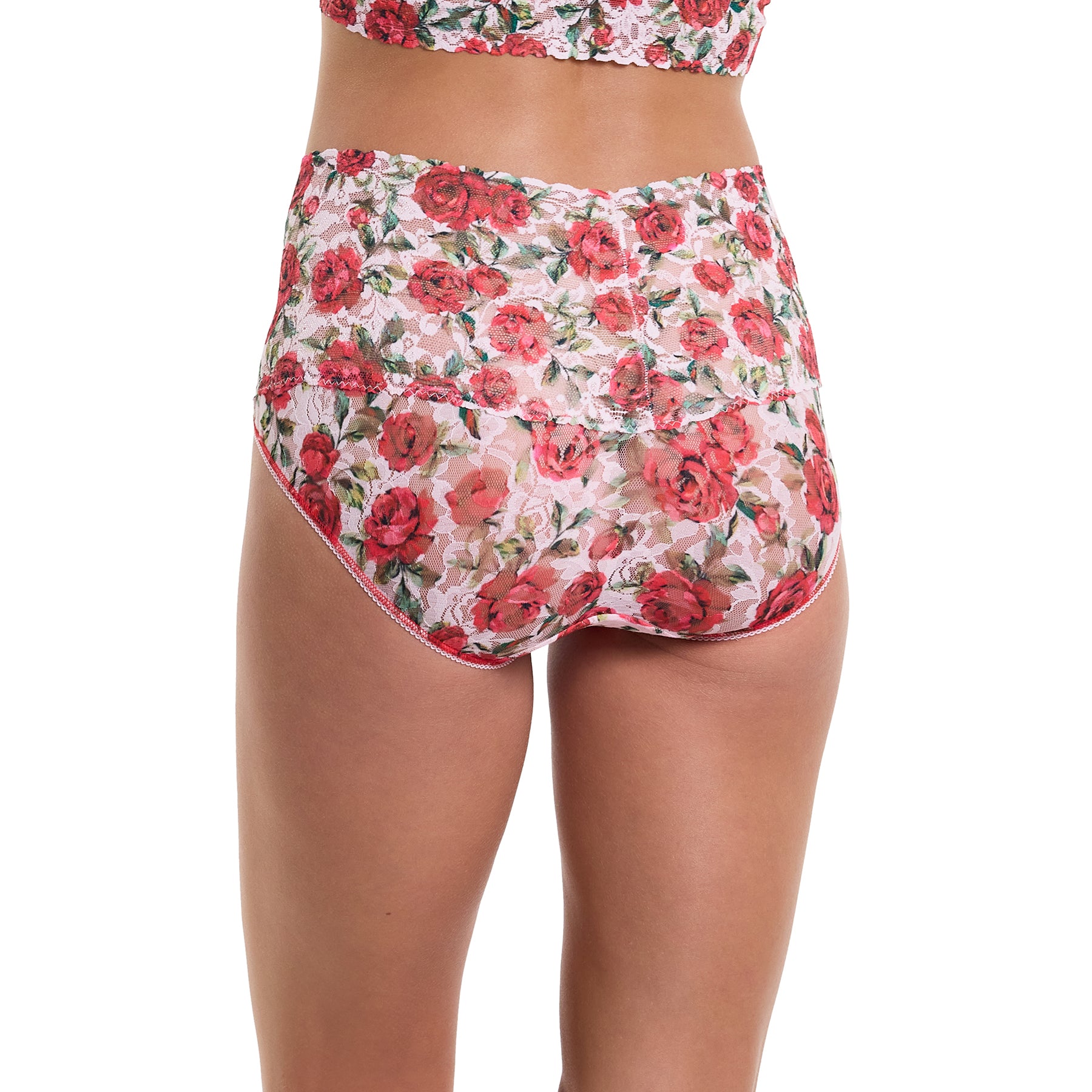 e t'aime floral red/green rose printed lace high waist v-kini brief. Rear view on model.