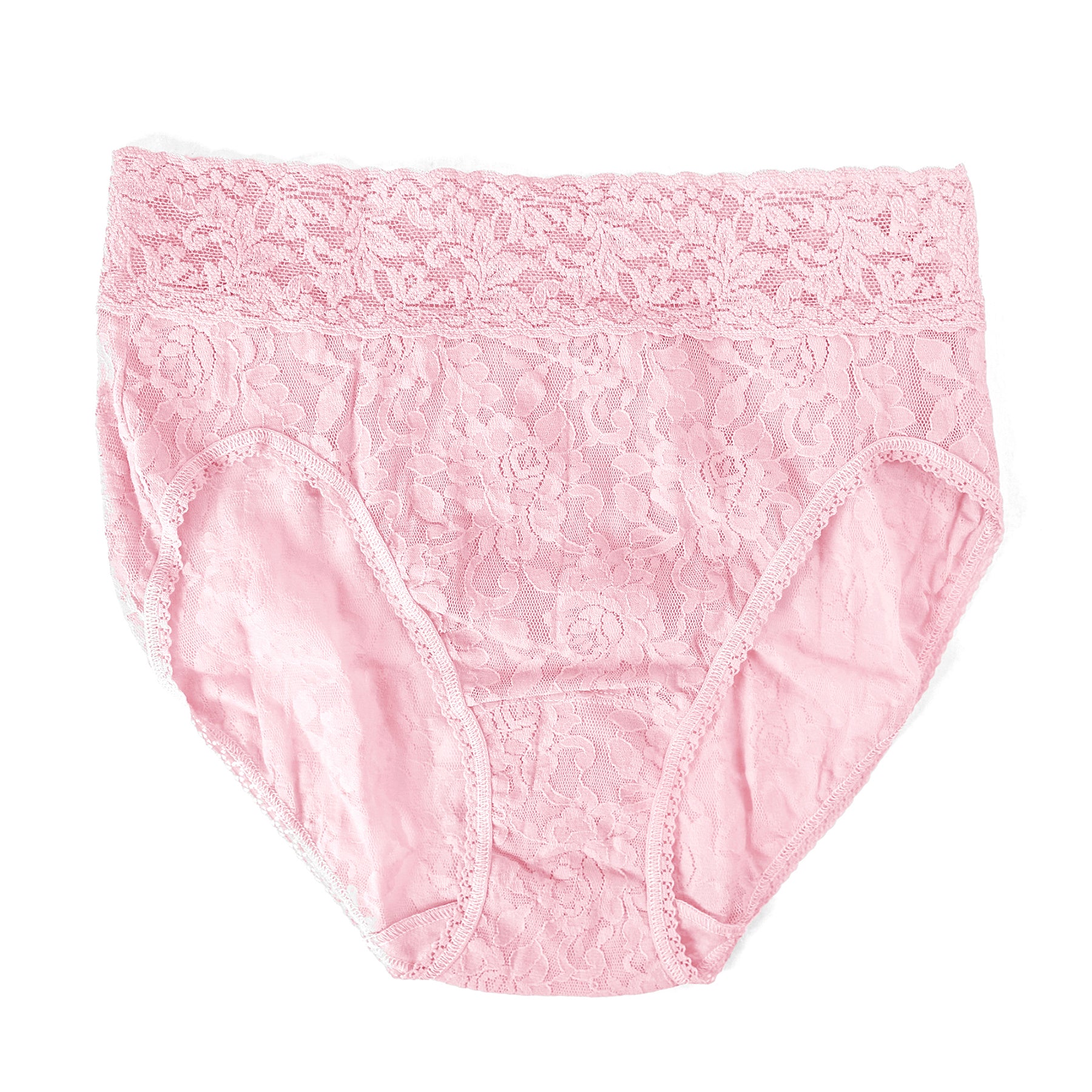 Flat lay of Hanky Panky Lace Full French Brief in Bliss Pink - pink floral lace high-waisted panty.