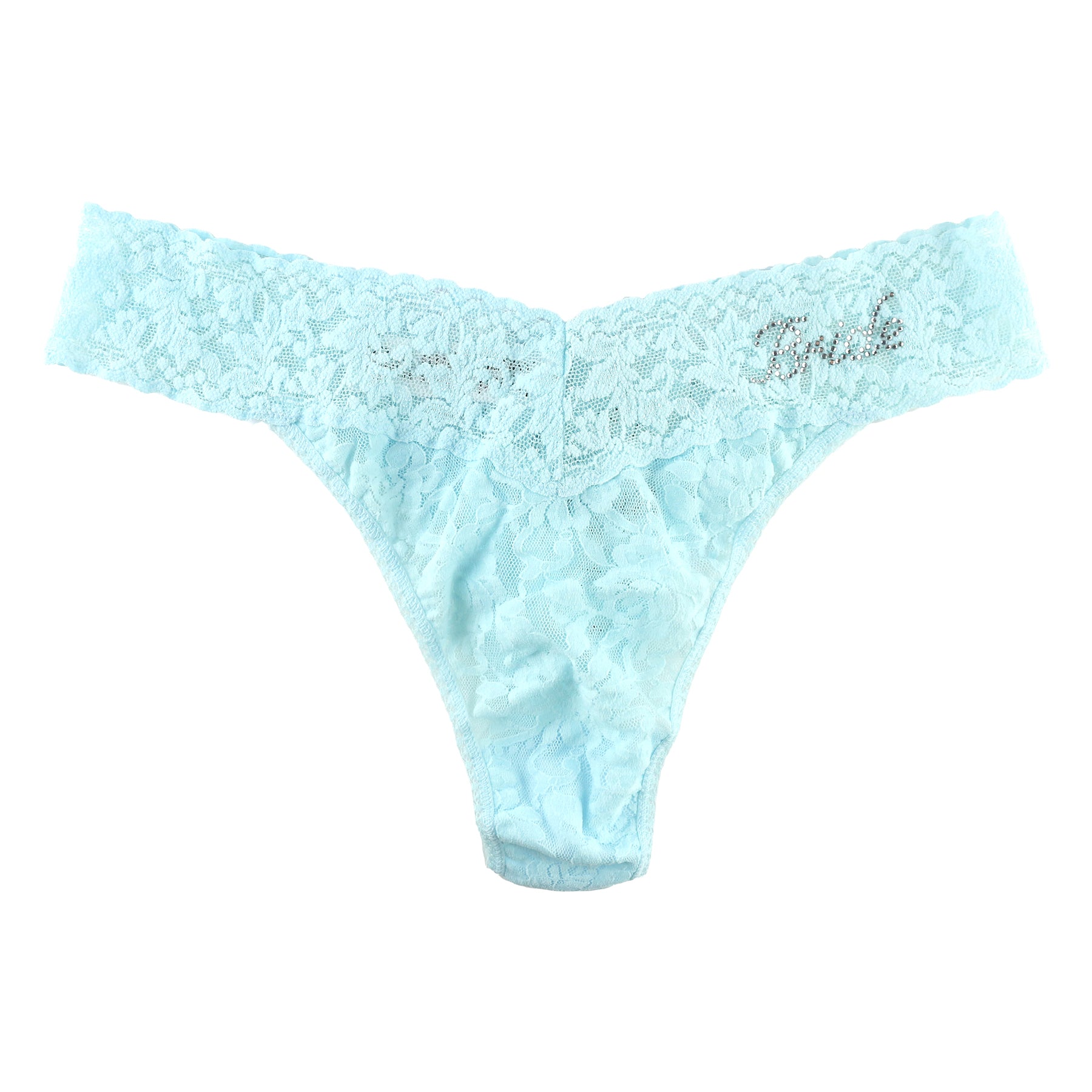 Hanky Panky original rise thong 481141 in celeste blue with "Bride" in crystals on hip. Flat lay without model.