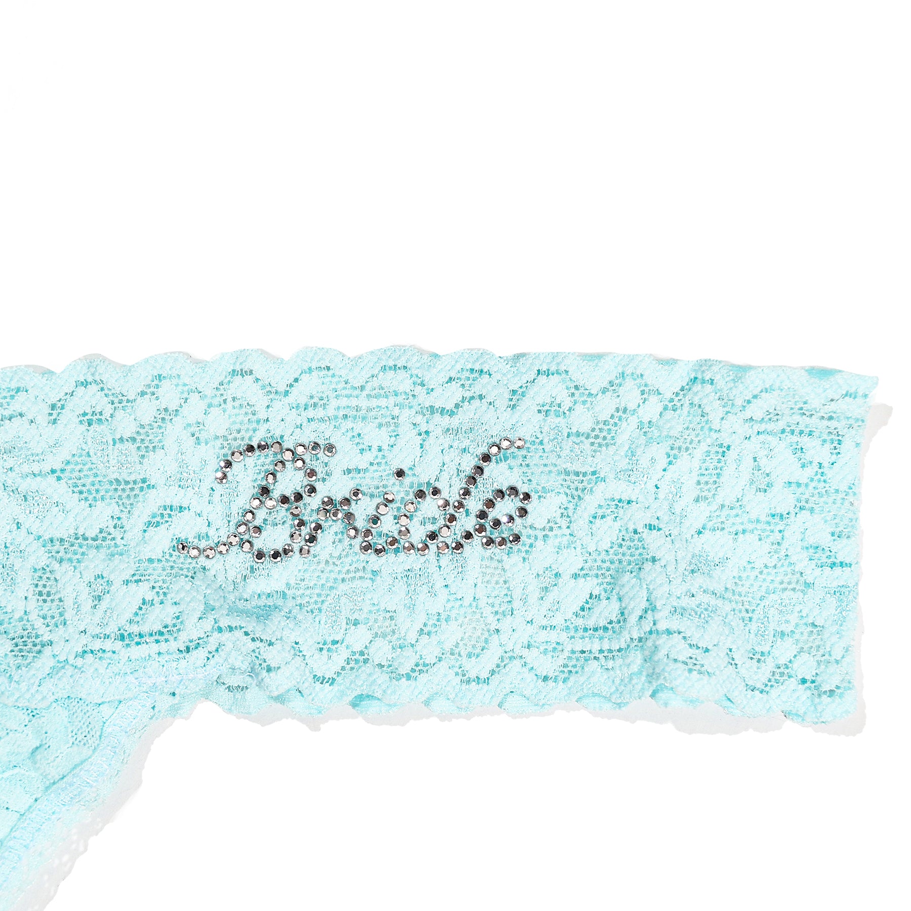 Hanky Panky original rise thong 481141 in celeste blue with "Bride" in crystals on hip. Close up of the crystal "Bride" on hip without model.
