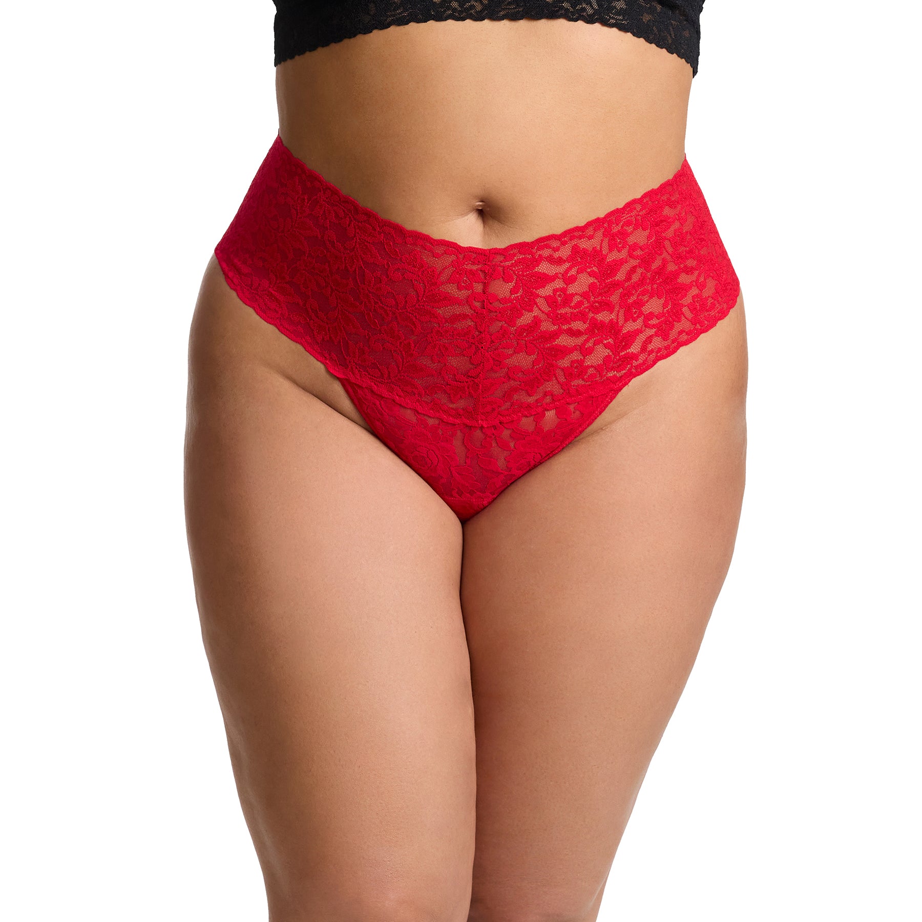 Hanky Panky 9K1926X retro rise lace thong in red. Front view on model.