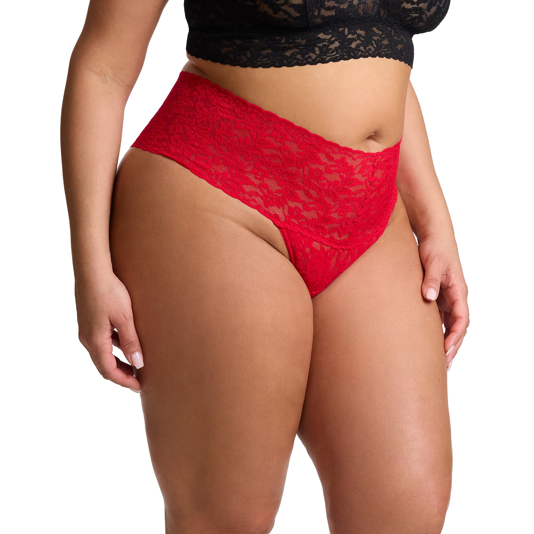 Hanky Panky 9K1926X retro rise lace thong in red. Side view on model.