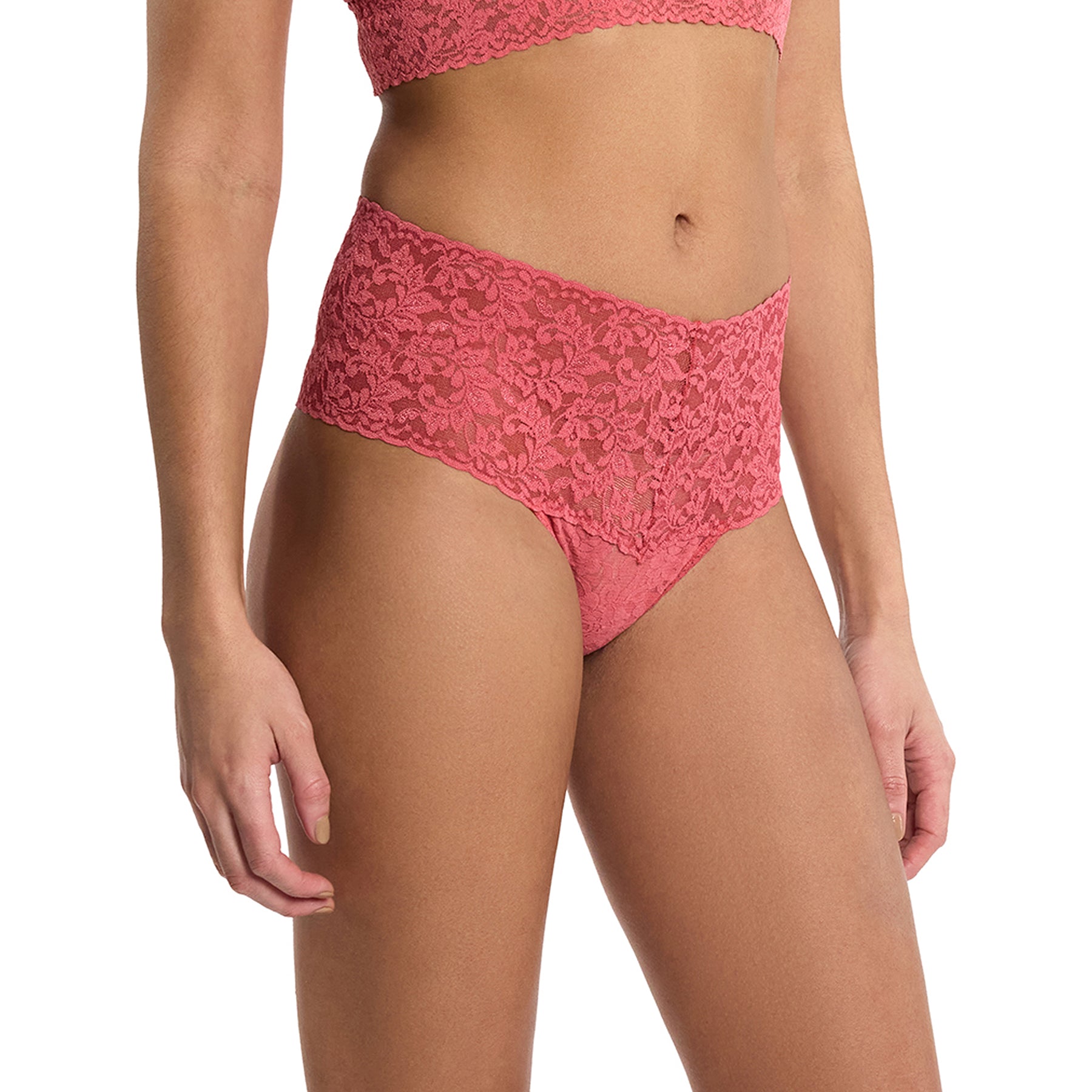 Side view of Hanky Panky Retro Thong in Naples pink scalloped floral lace.