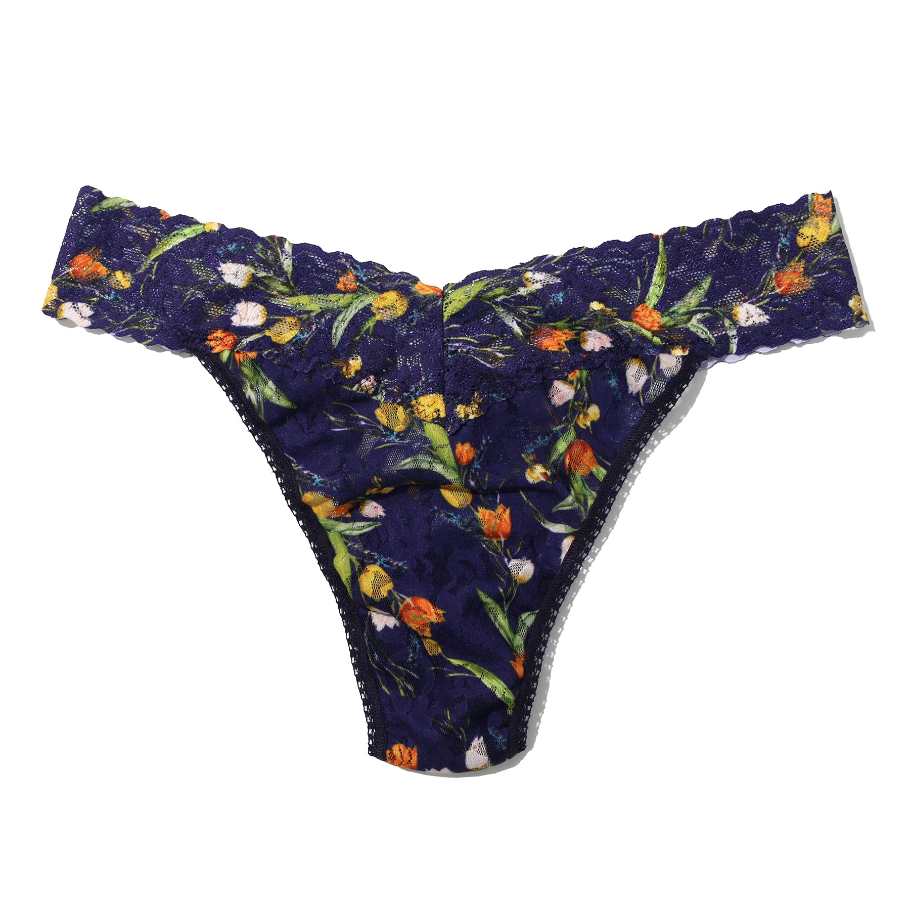 Flat lay front view of Hanky Panky Central Park print original rise thong in orange, yellow, and white floral lace on navy