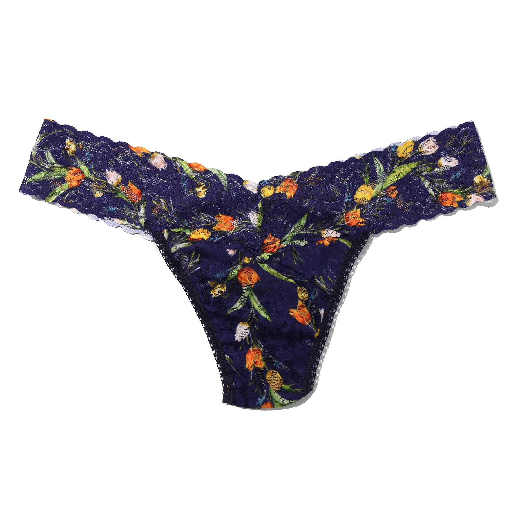 Flat lay front view of Hanky Panky Central Park print low rise thong in floral lace on navy background