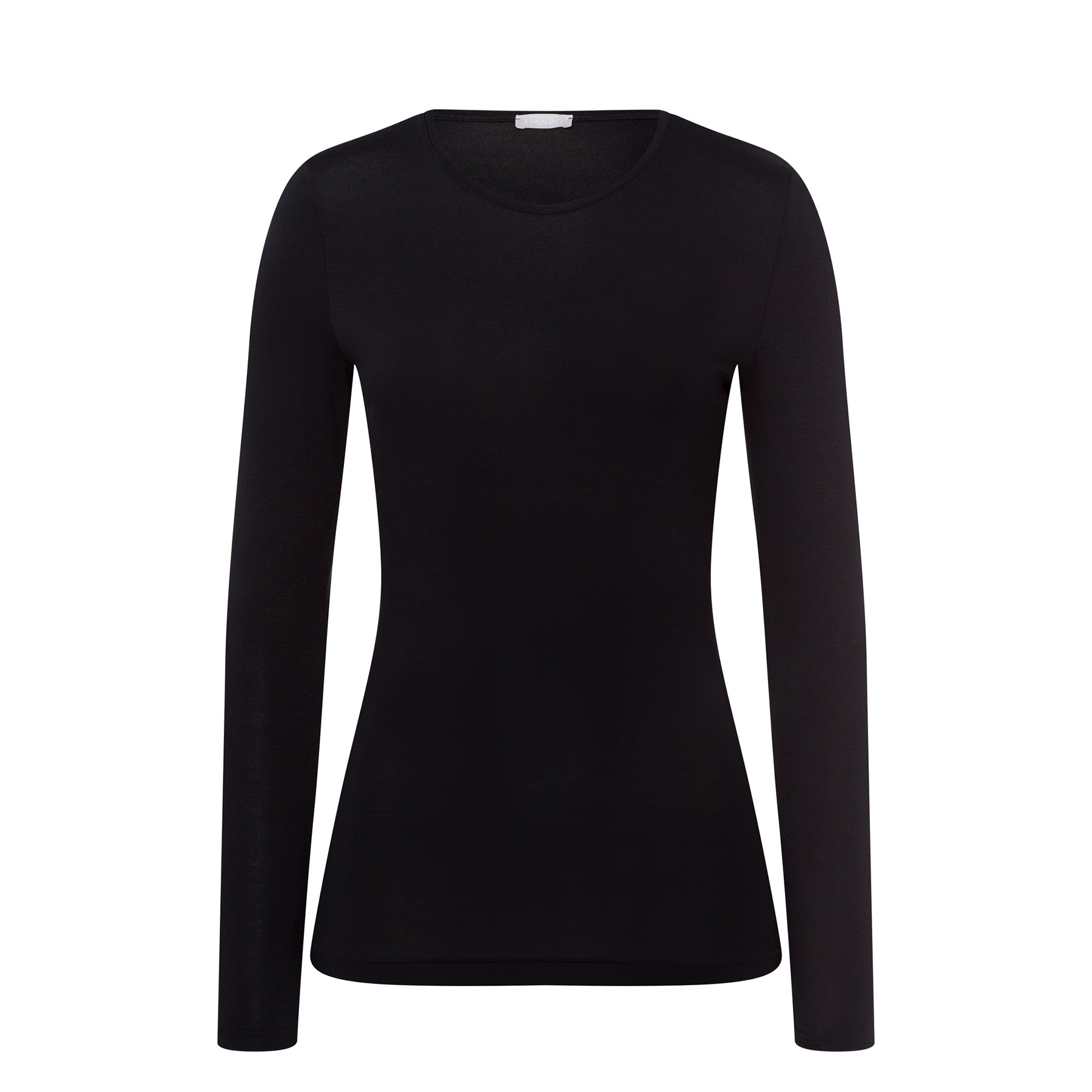 Hanro Soft Touch long sleeve top in black, flat lay front view with classic crew neckline and smooth minimalist finish