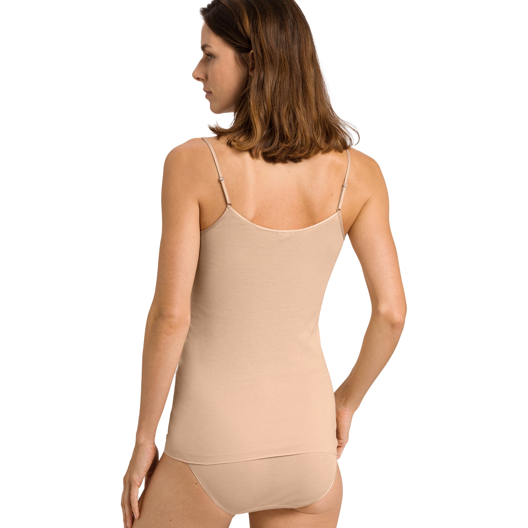 hanro cotton seamless v-neck camisole beige 274 back view on model