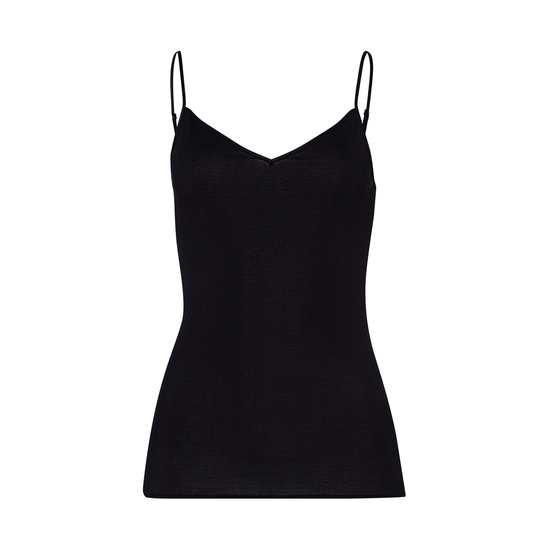 hanro cotton seamless v-neck camisole black 019 flat lay front view (no model)