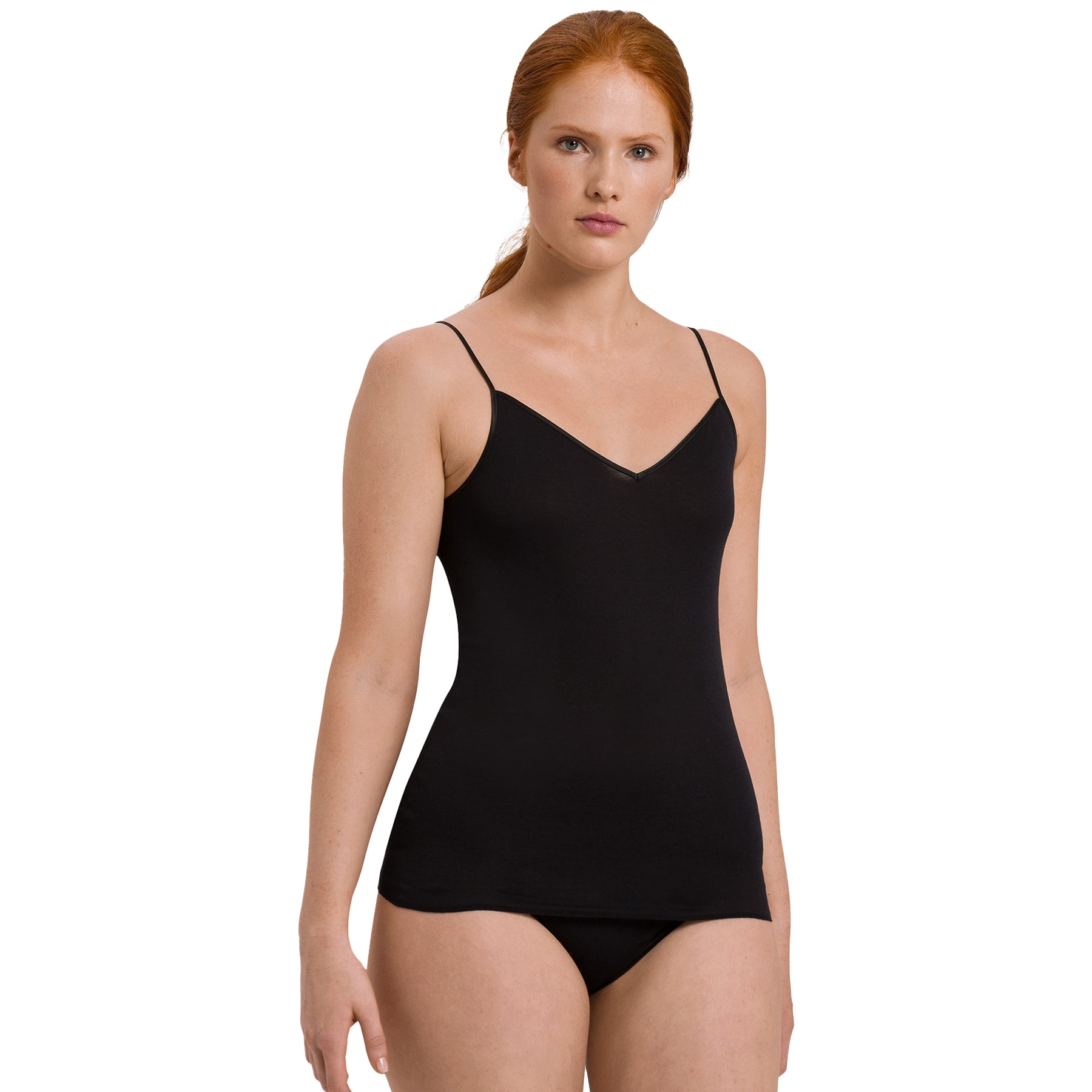 hanro cotton seamless v-neck tank top black 019 front view on model