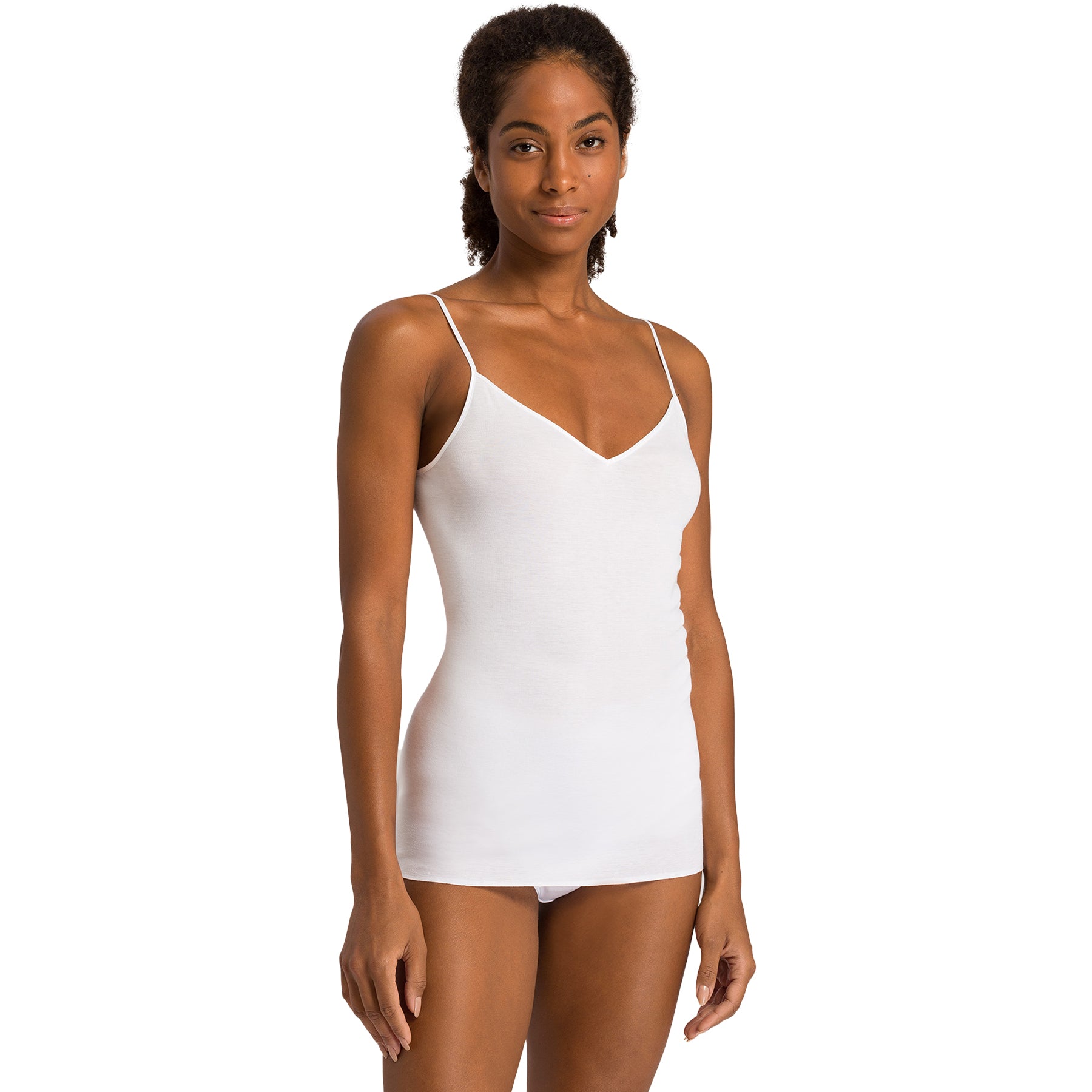 hanro cotton seamless v-neck spaghetti strap tank white 101 front view on model