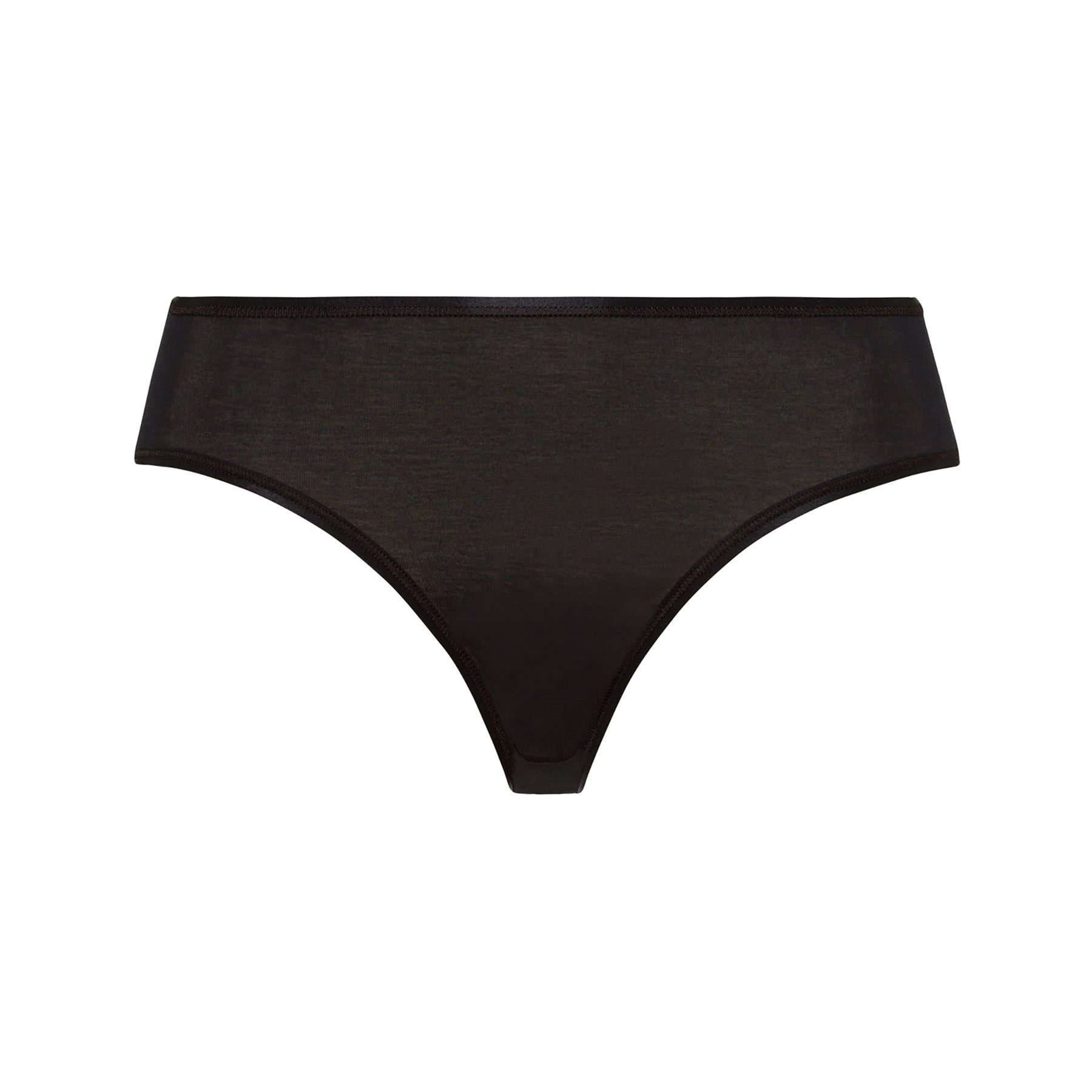 Front view of Hanro Cotton Seamless Bikini Panty in Black, highlighting its minimalistic silhouette and fine cotton knit.
