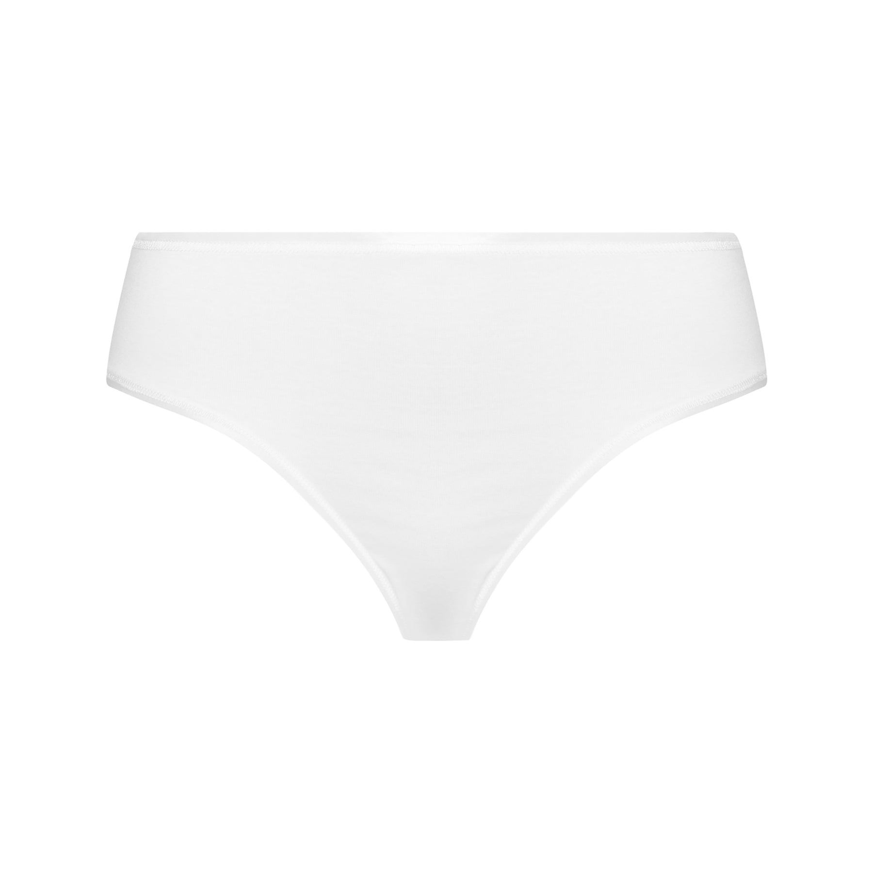 Flat lay of Hanro Cotton Seamless Bikini Panty in White, designed with a low-rise fit and seamless edges.
