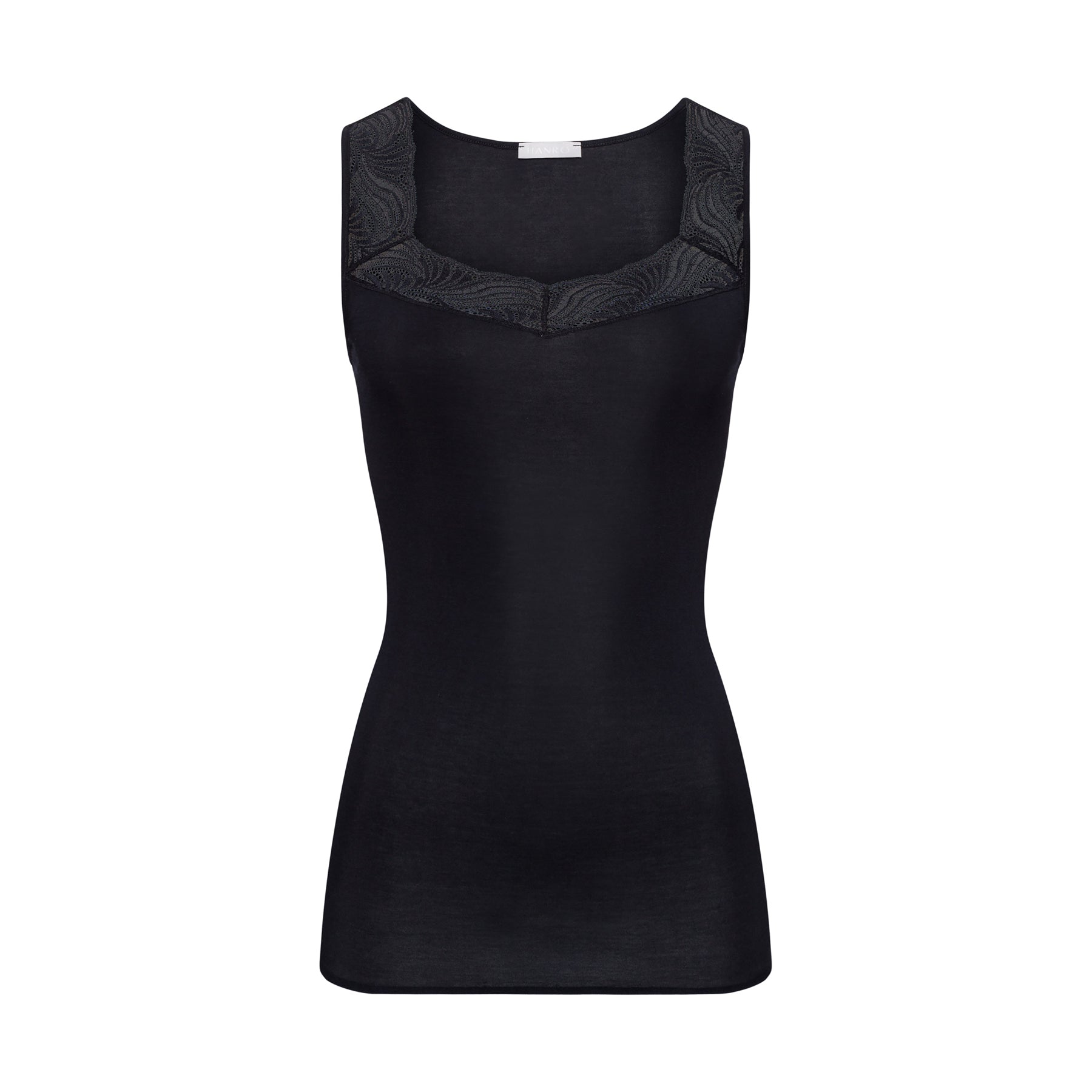 Hanro Cotton Delight Tank in Black 019 – product-only front view showcasing lace-trim neckline.