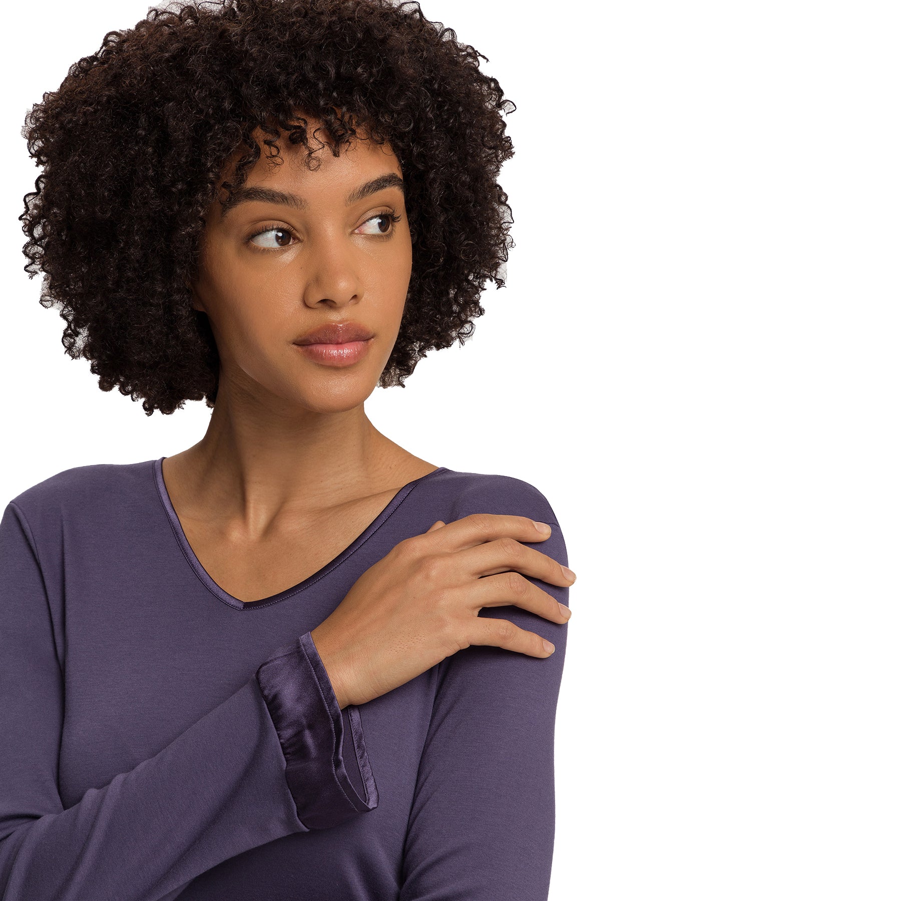 Close-up of neckline and cuff on HANRO Claire nightgown in Bluestone – satin trims and soft modal fabric