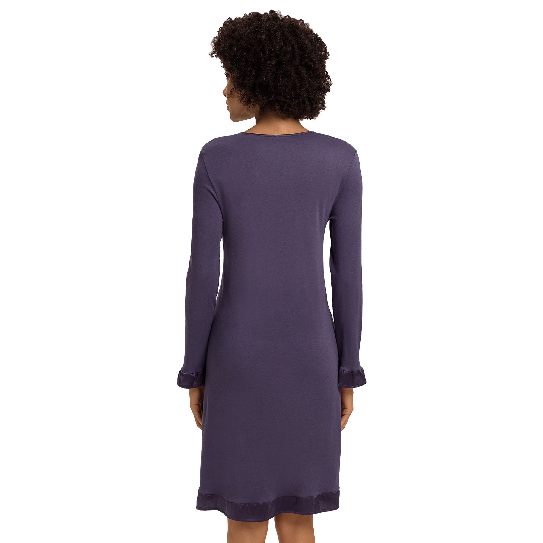 Back view of HANRO Claire long-sleeve nightgown in Bluestone – elegant knee-length nightdress with satin trim