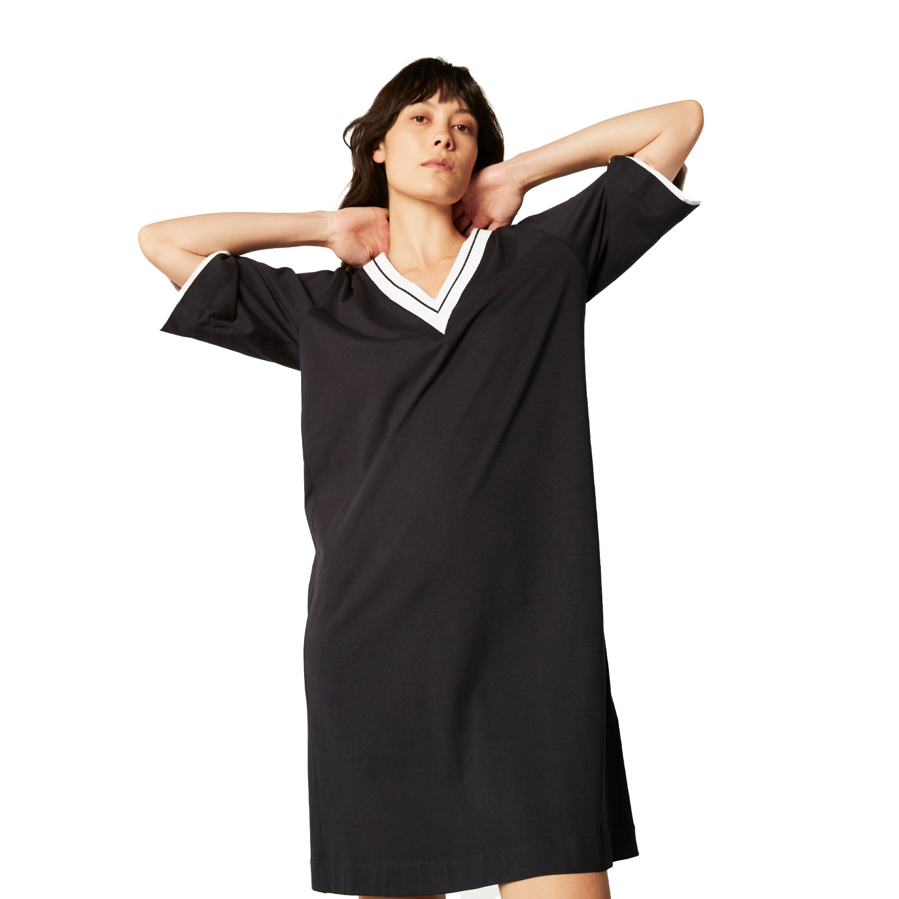 Navy short-sleeve nightdress with white V-neck trim, relaxed oversized fit on model