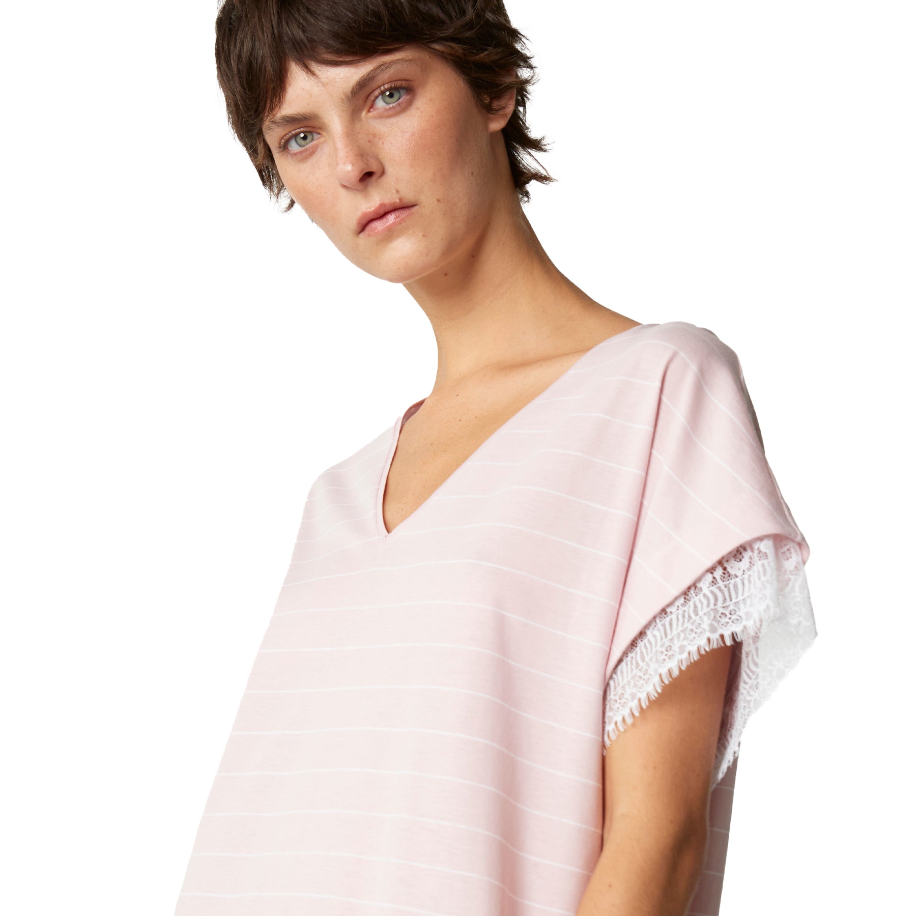 Light pink striped short-sleeve nightdress with V-neck and lace trim on sleeve, relaxed fit on model