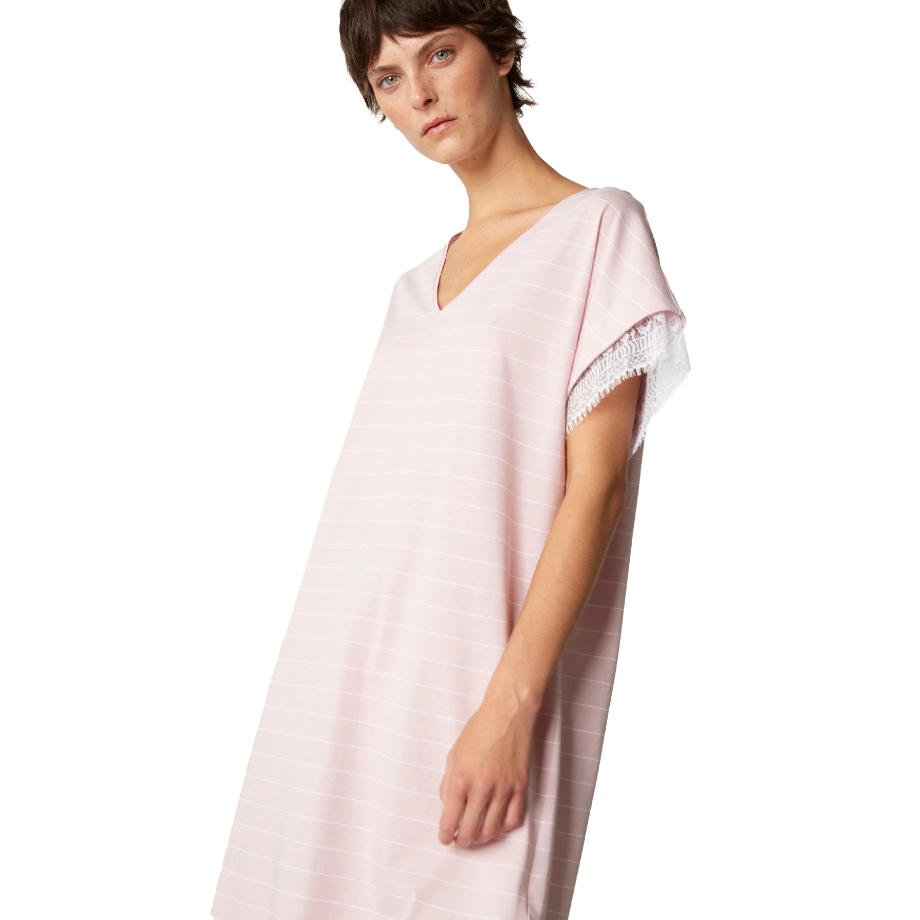 Light pink striped nightdress with V-neck and lace sleeve detail, soft drape on model