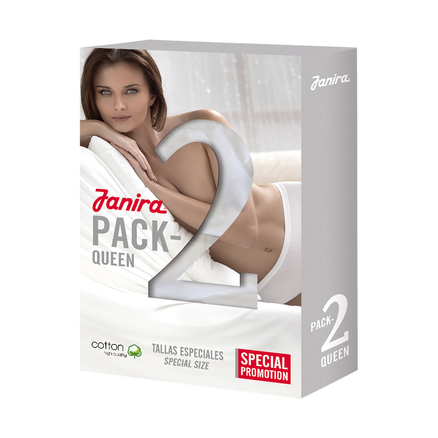 Janira Esencial Maxi Queen 2-pack cotton brief packaging featuring model image and special promotion box.