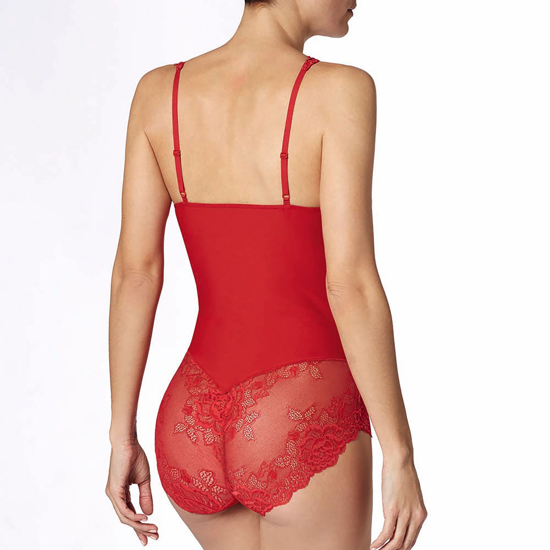 Back view of Janira Greta wireless lace bodysuit in red, featuring smooth back panel, adjustable straps, and lace-trimmed brief coverage
